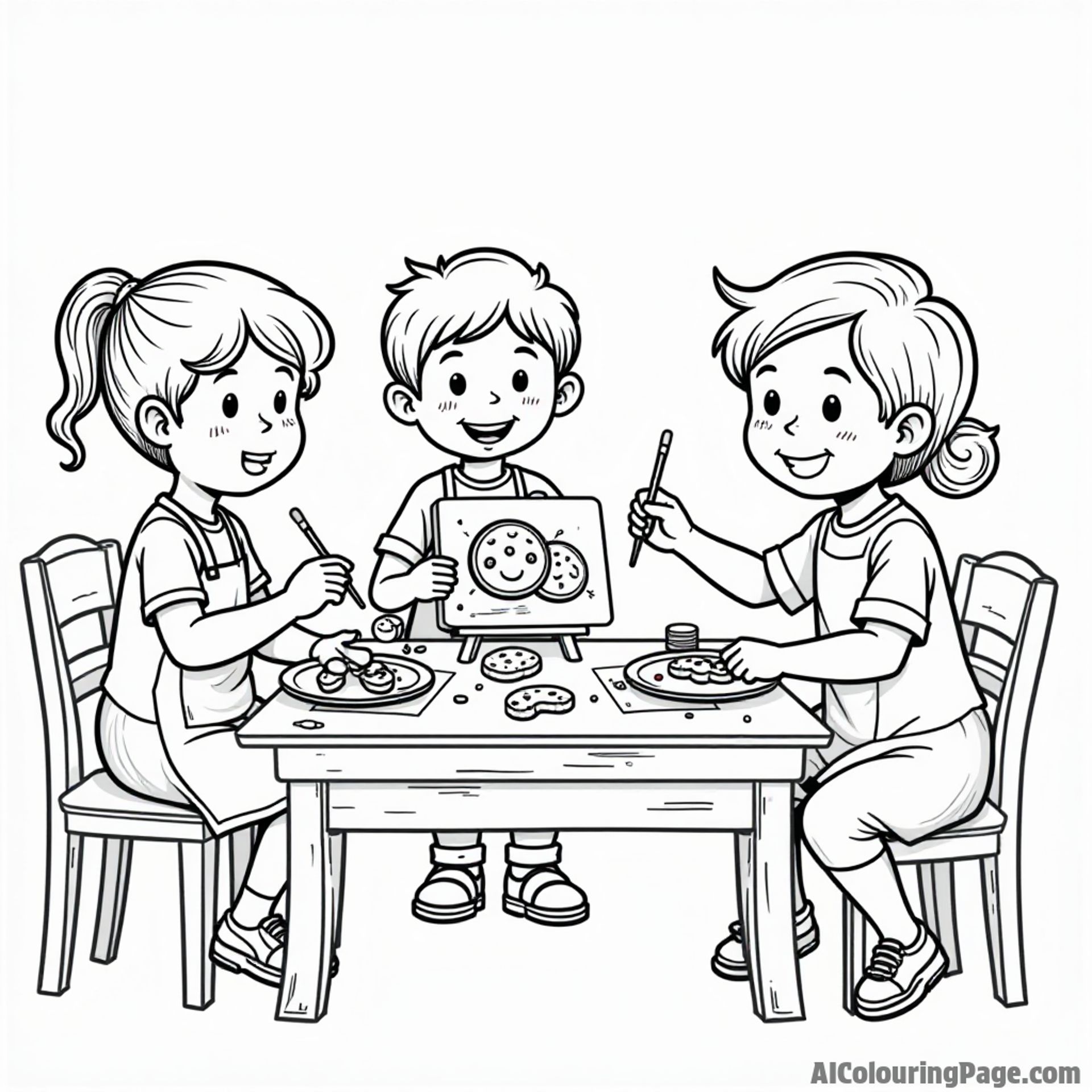 A fun art class where children are painting cookie designs on canvases, with cookies and paints scattered across the table.