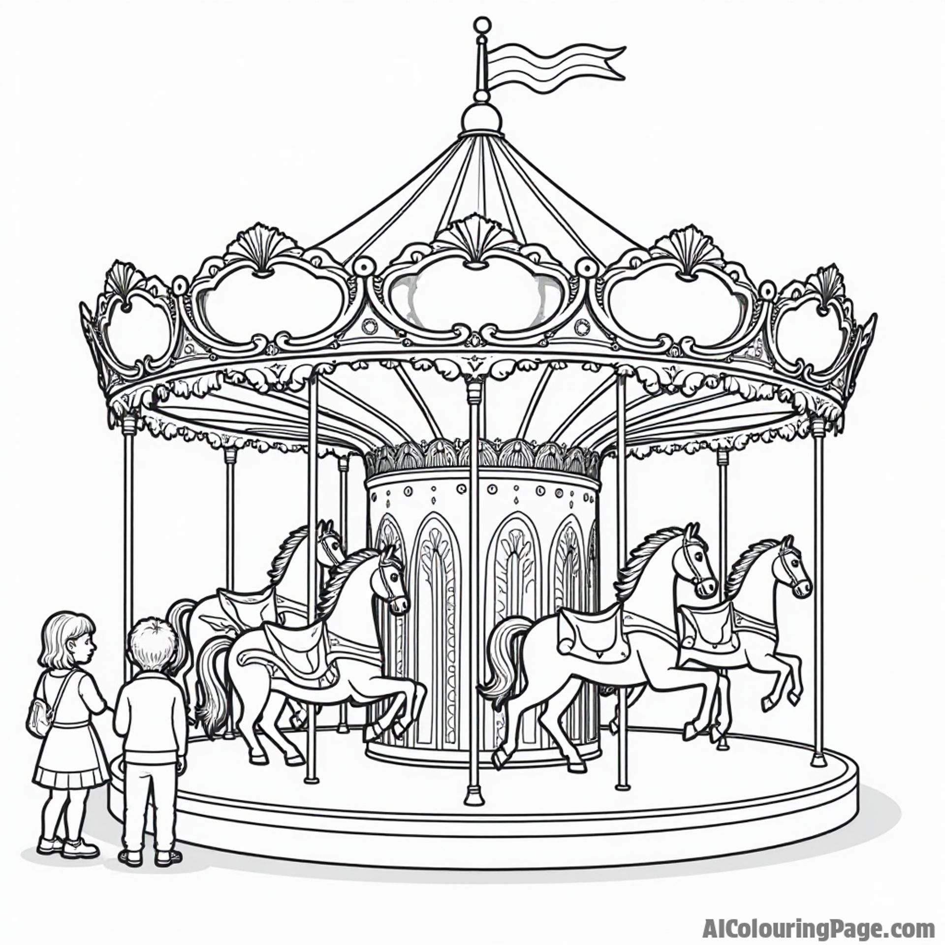 An enchanting carousel with intricately designed horses, a vibrant banner overhead, and excited kids waiting in line, creating a delightful coloring page for Festivals and Traditions.