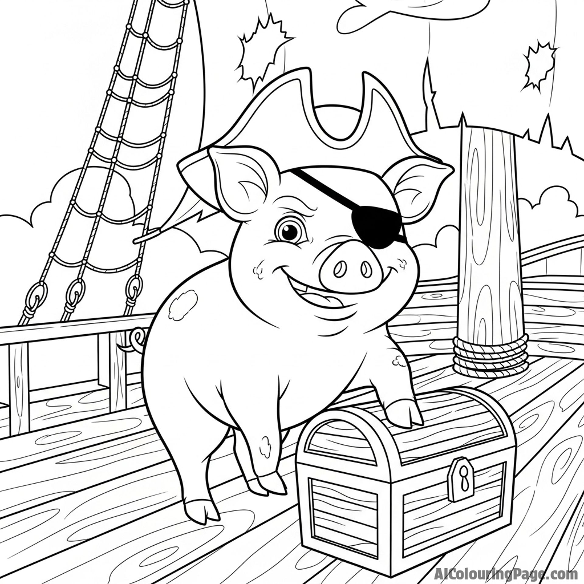 A pirate pig with an eyepatch and a captain's hat, standing on the deck of a ship.