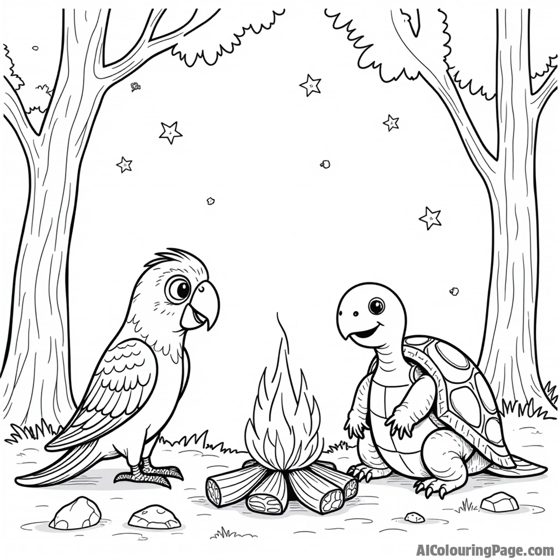 A parrot and a turtle sharing stories by a campfire in the woods, with stars twinkling above them