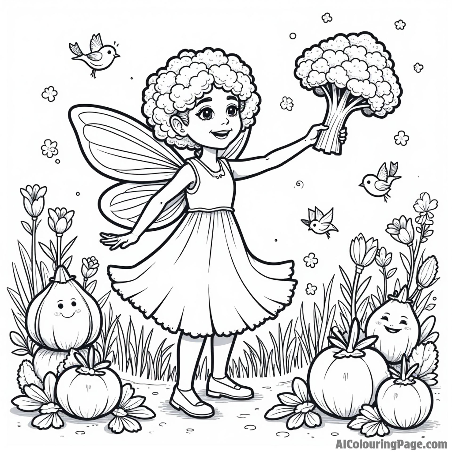 A broccoli fairy sprinkling magic over a garden full of smiling vegetables, with flowers blooming and birds singing nearby.