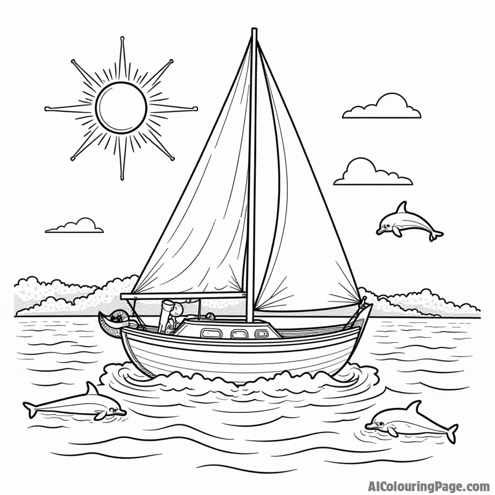 A cheerful sailboat on Narragansett Bay, surrounded by playful dolphins and a bright sun, celebrating Rhode Island's maritime culture.