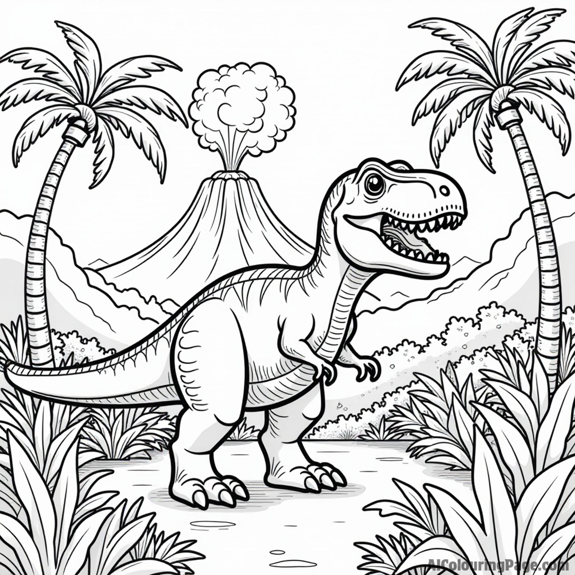 A LEGO dinosaur roaming in a prehistoric jungle filled with palm trees and a volcano erupting in the background.