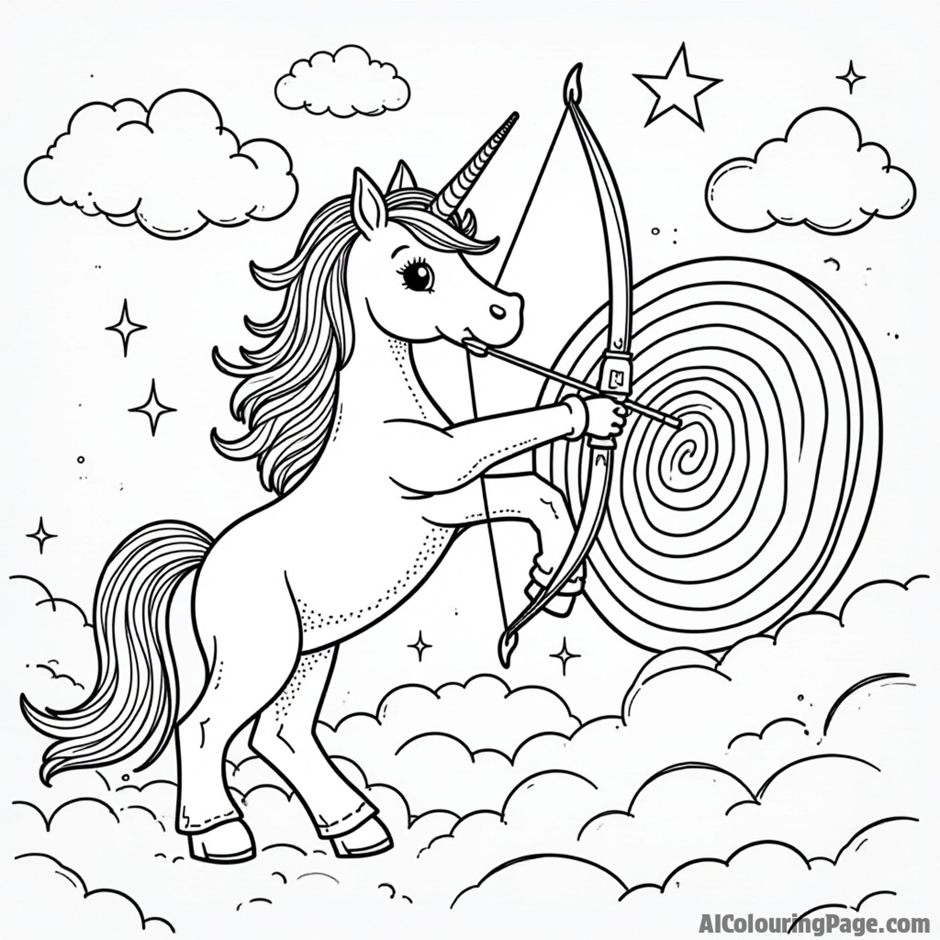A magical unicorn with a bow and arrow, aiming at a rainbow-colored target in a dreamy sky filled with stars and clouds, encouraging creativity and imagination in young artists.