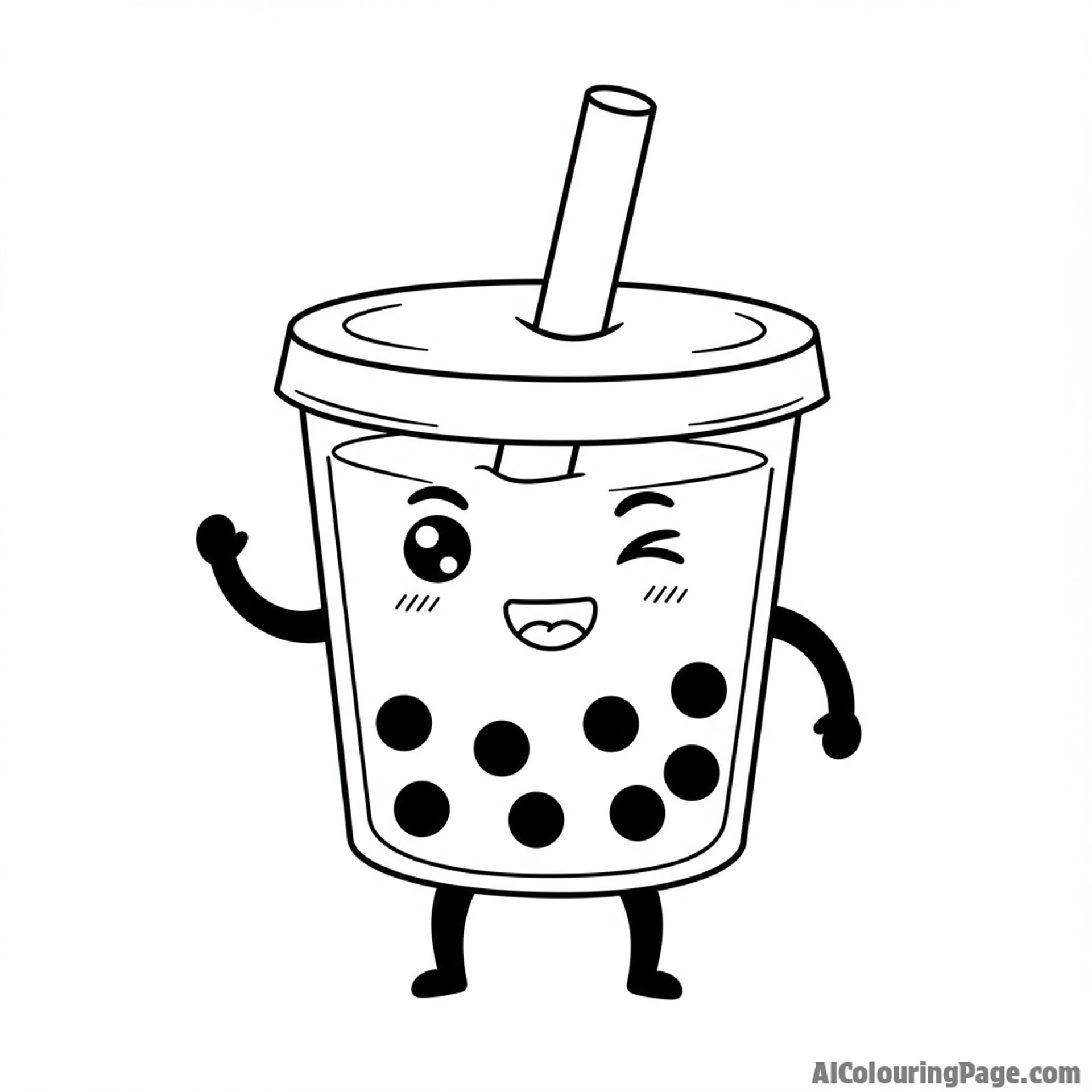 A happy boba tea character winking.