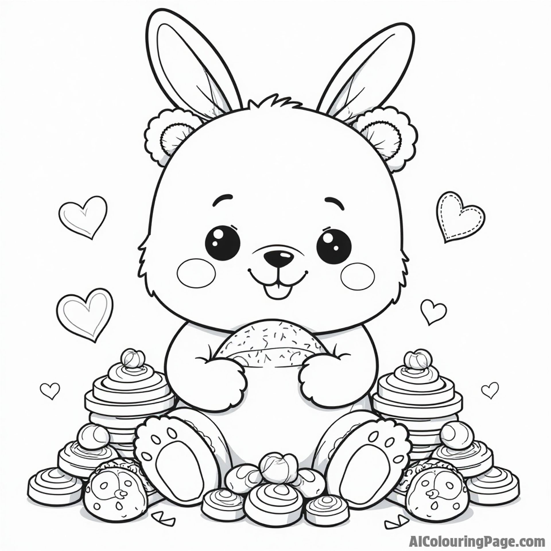 A cute animal character, like a bear or bunny, surrounded by piles of candy and sweets, inviting kids to color it.