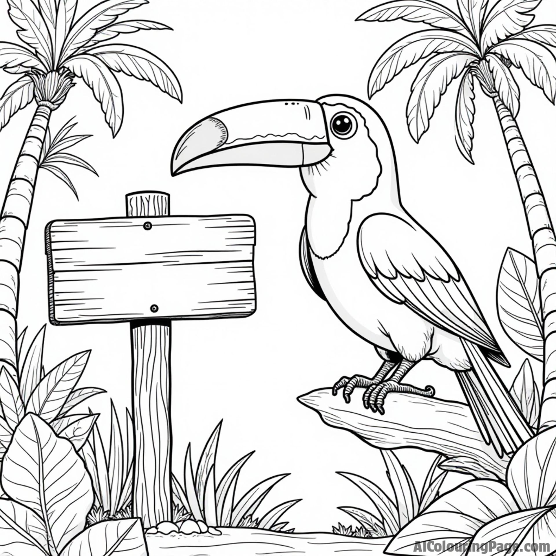 A toucan standing on a signpost pointing to various tropical destinations in a fun, colorful jungle environment for kids.