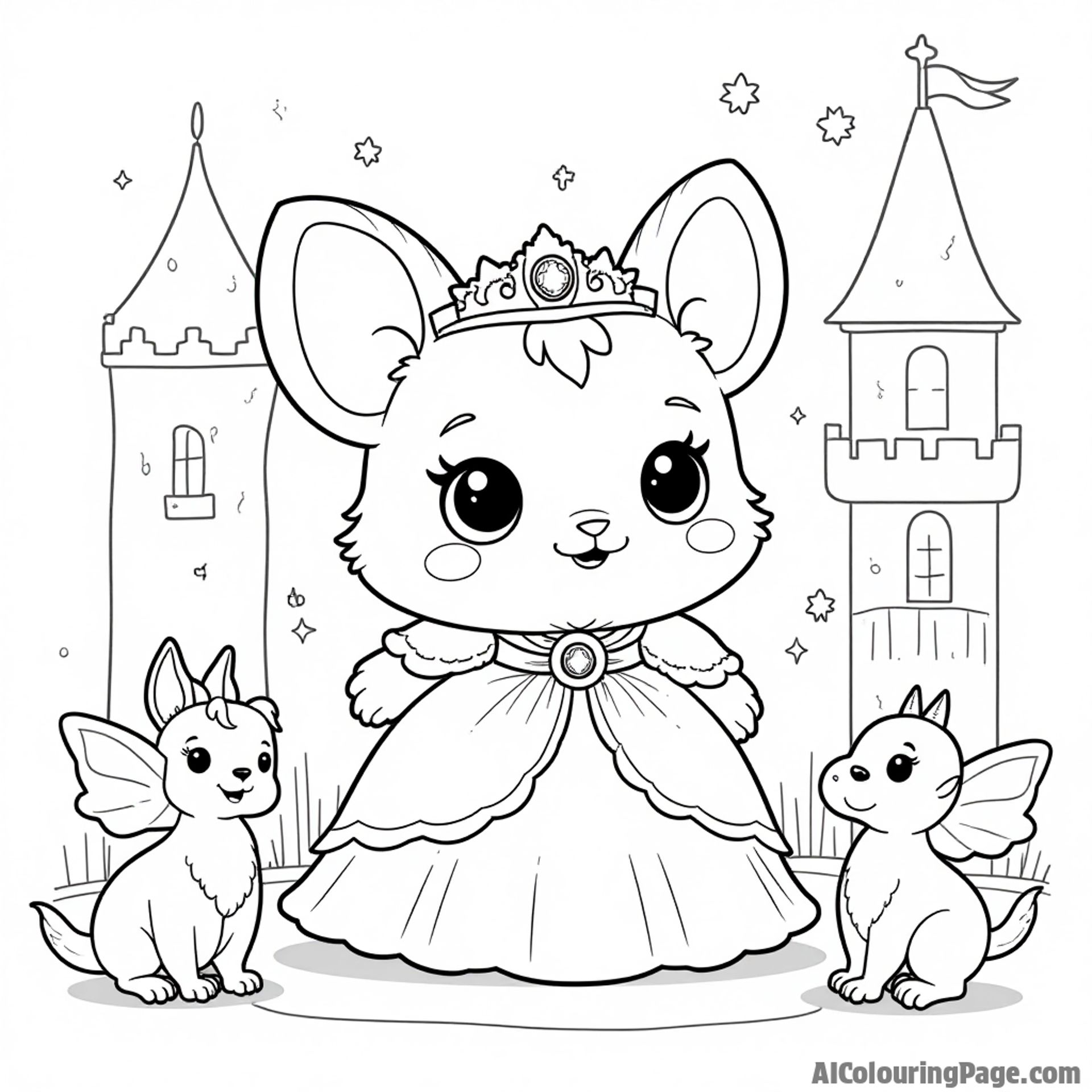 A Hatchimal dressed as a princess in a castle, surrounded by magical creatures and sparkling jewels, providing a fairytale coloring experience for children in this Toys and Games Coloring Pages theme.