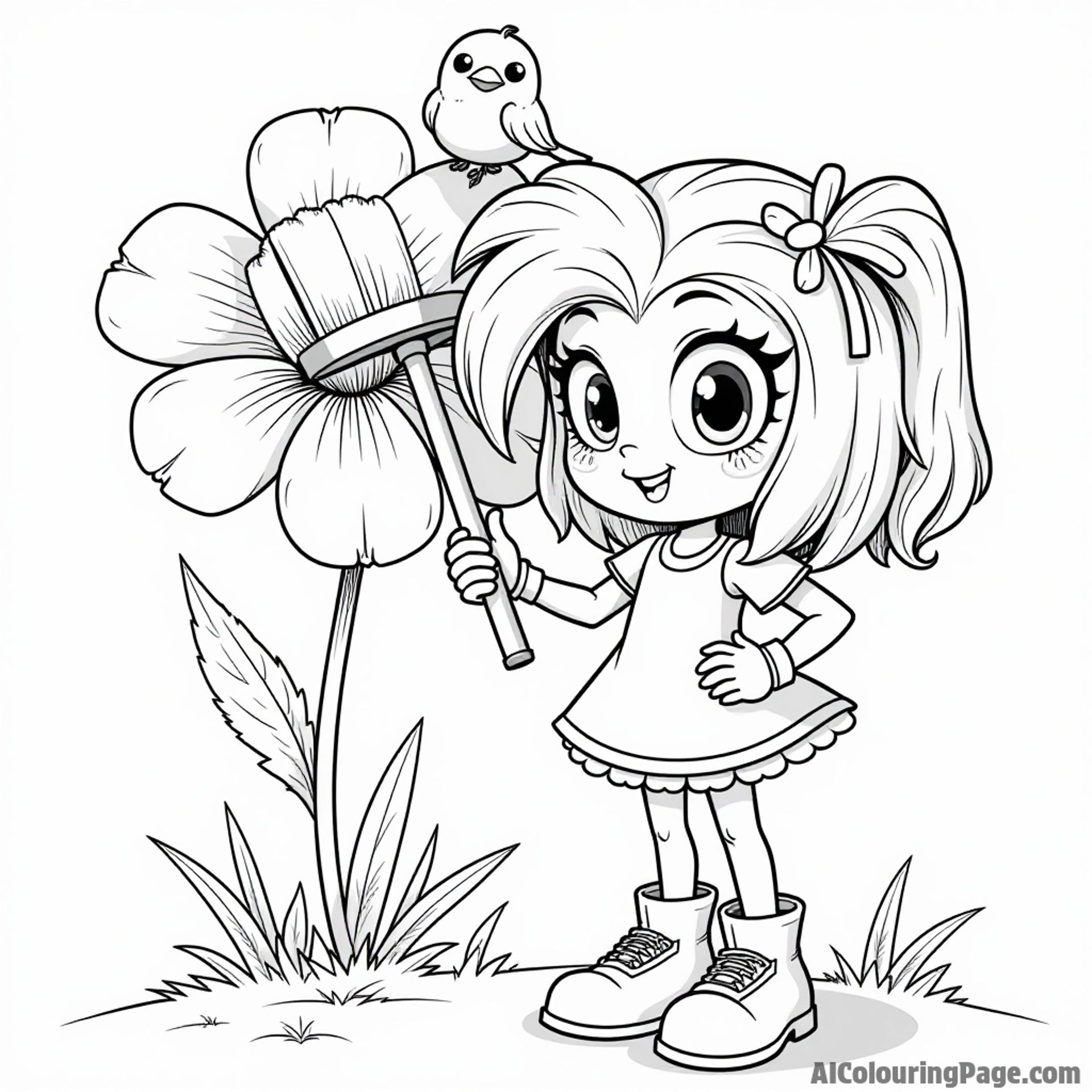 Amy holding her signature hammer, standing in front of a giant flower, with cute birds perched on its petals nearby.