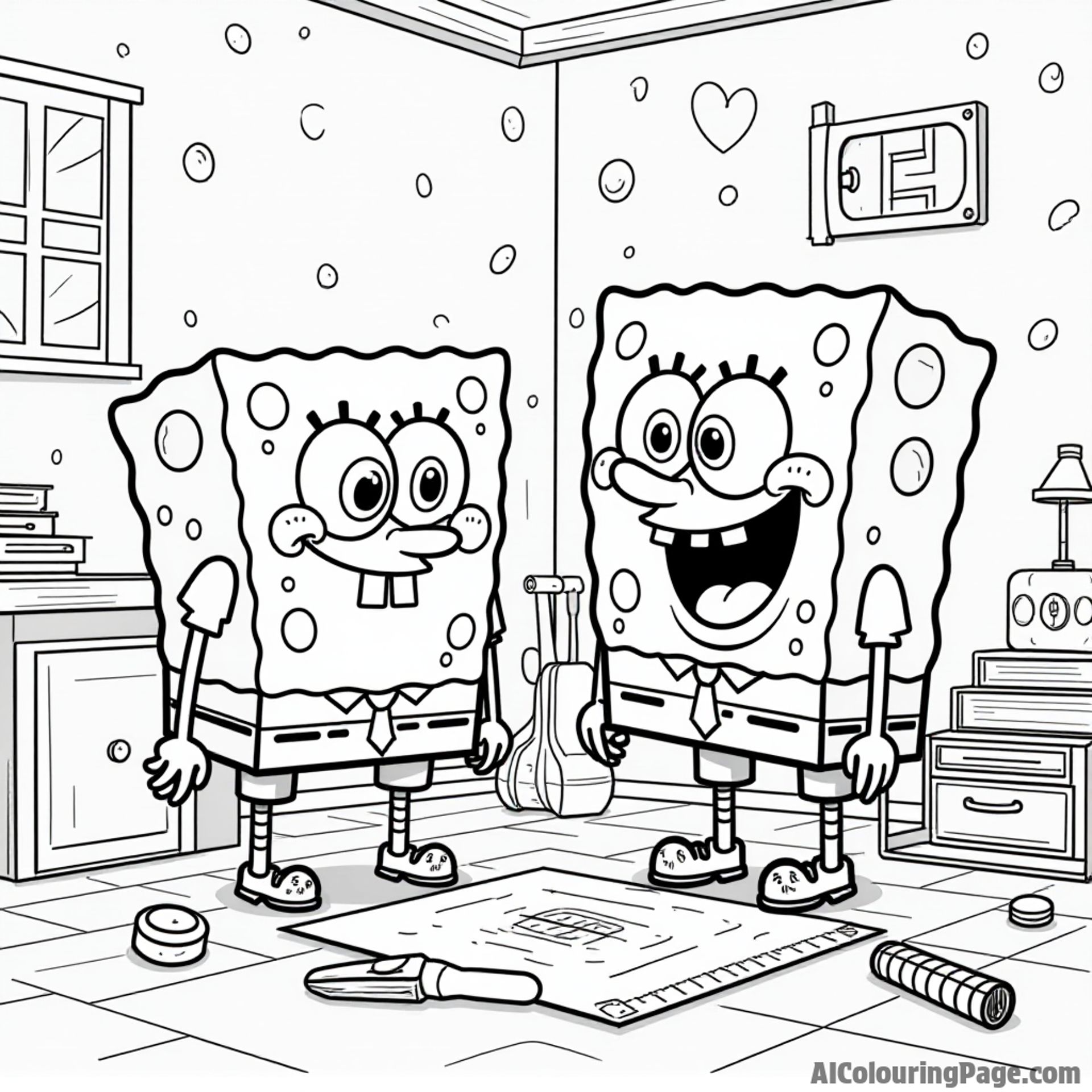 SpongeBob and Gary building a robot in SpongeBob's house with tools, blueprints, and a measuring tape scattered around