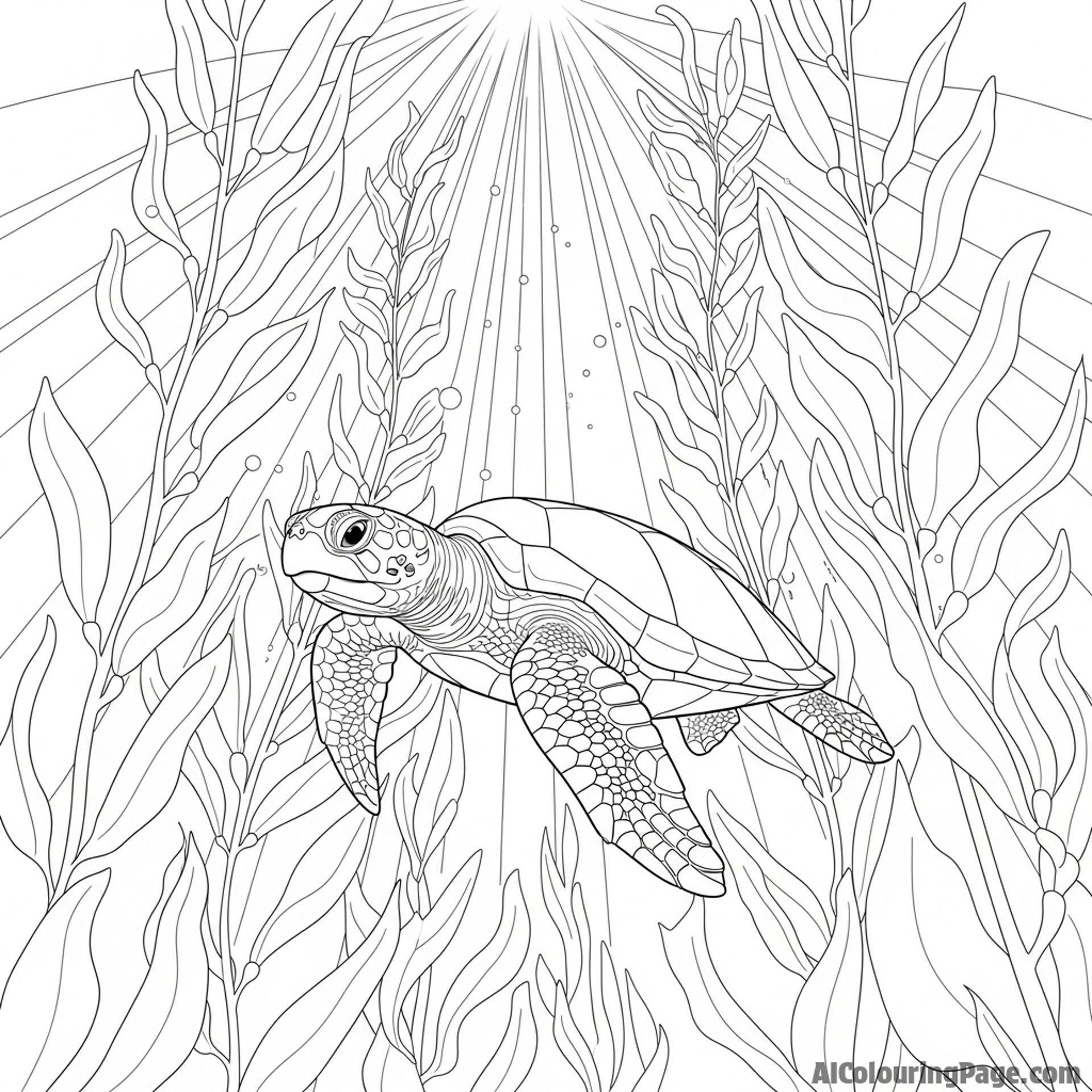 A turtle navigating through a kelp forest, with light filtering from above.