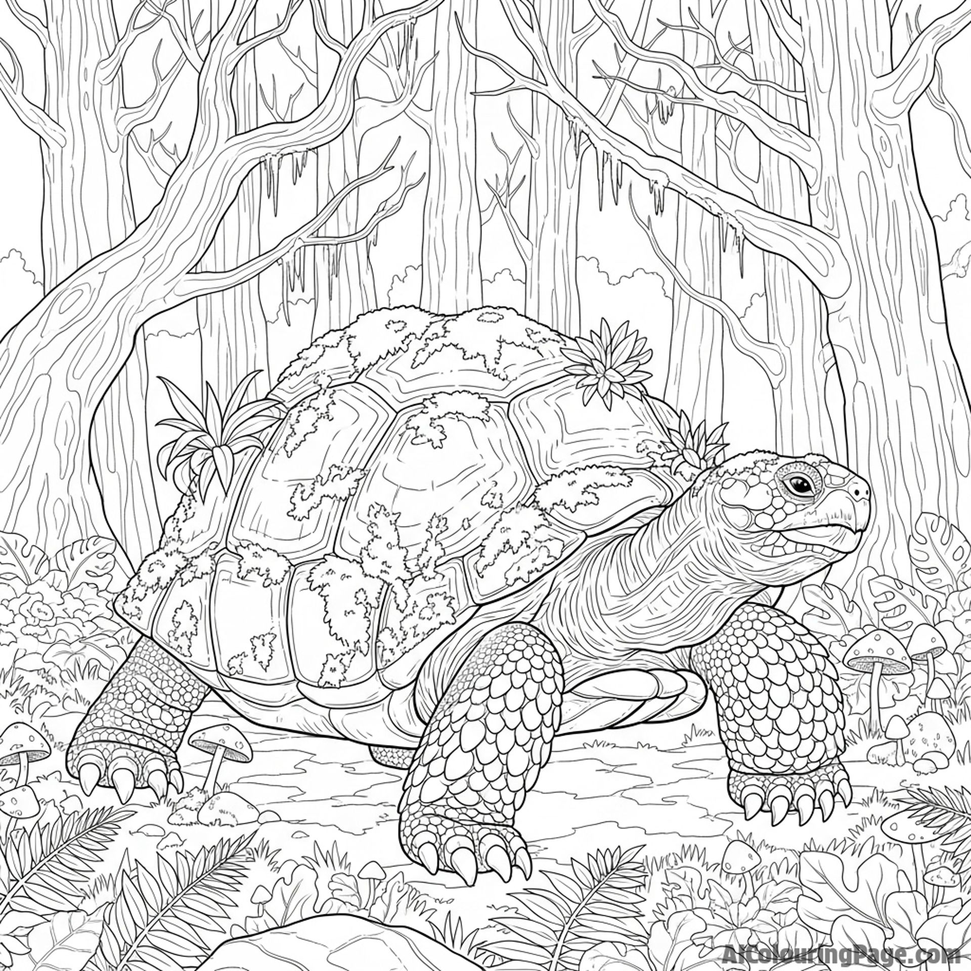 An ancient, moss-covered tortoise lumbering through a dense forest.
