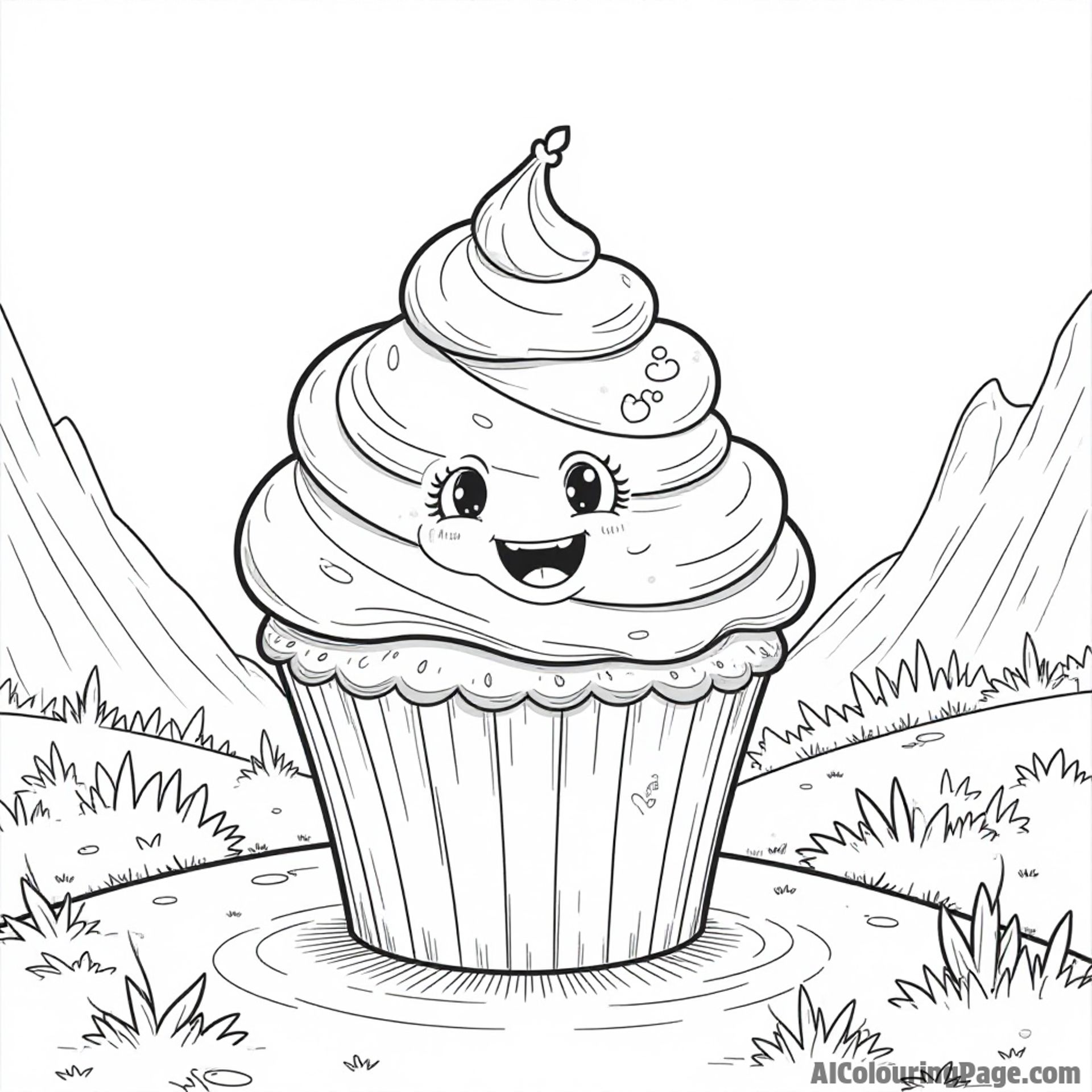 A cupcake adventure story featuring a brave cupcake character exploring different lands and meeting friendly creatures along the way.