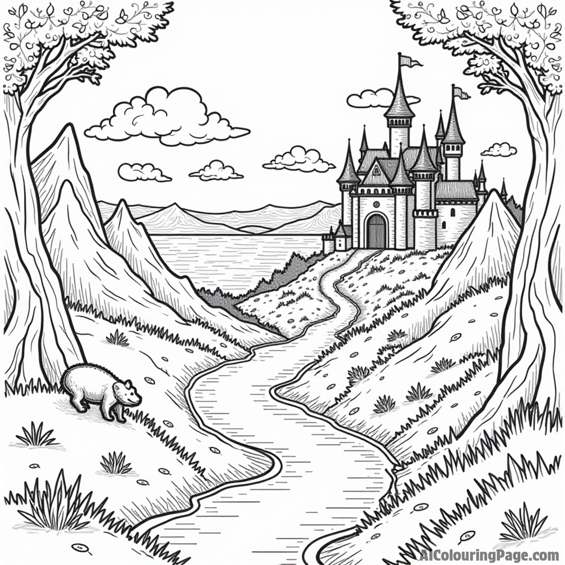 A magical map with footprints leading to a hidden treasure in a mystical land filled with castles and creatures.