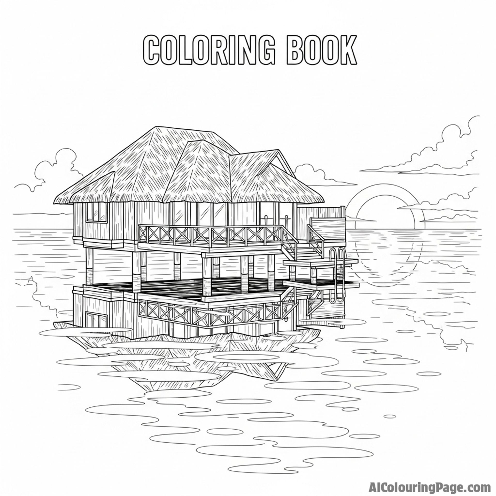 Overwater bungalow at sunset, calm waters reflecting the sky.