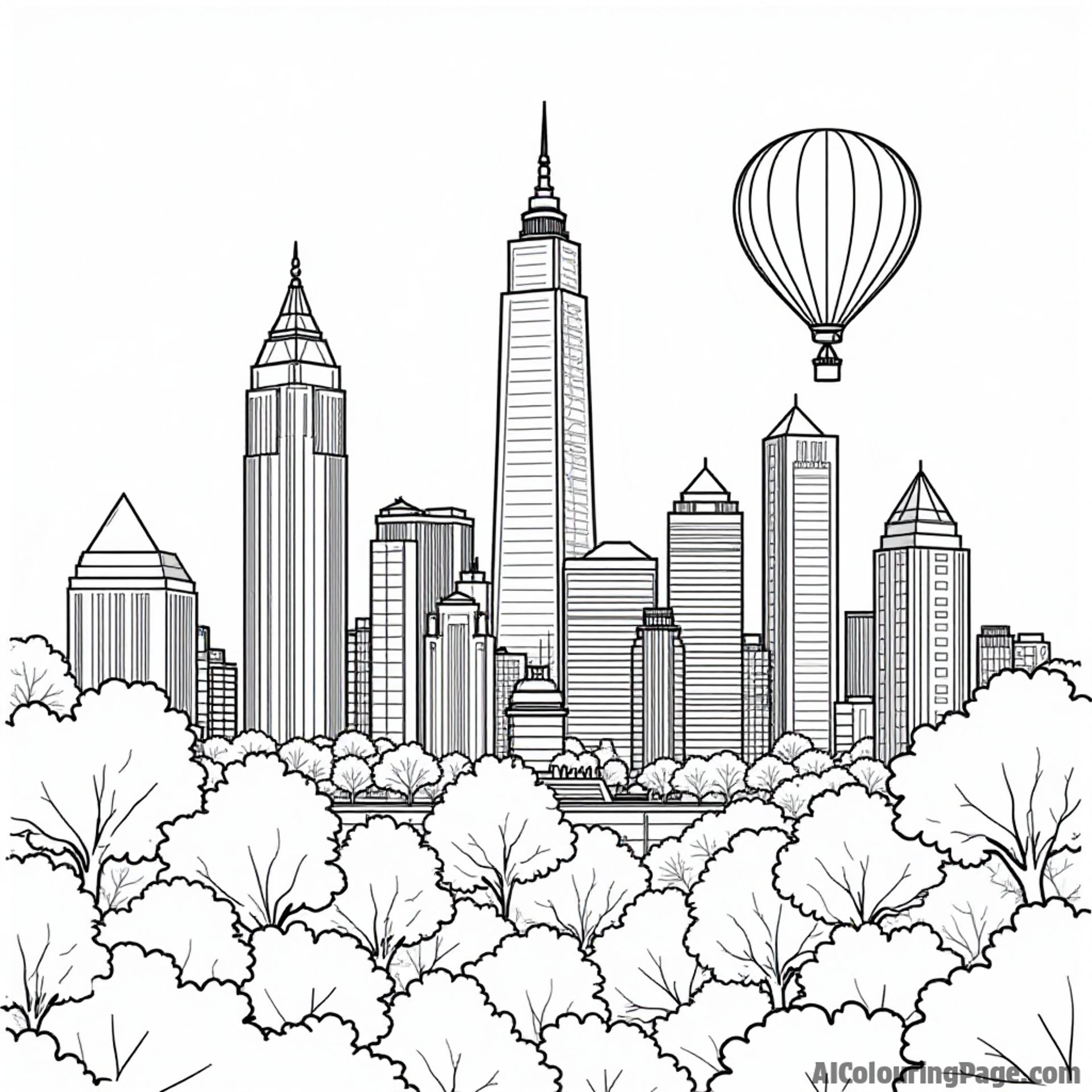 A picturesque scene of the Atlanta skyline, complete with tall buildings, a hot air balloon, and lush greenery surrounding it.