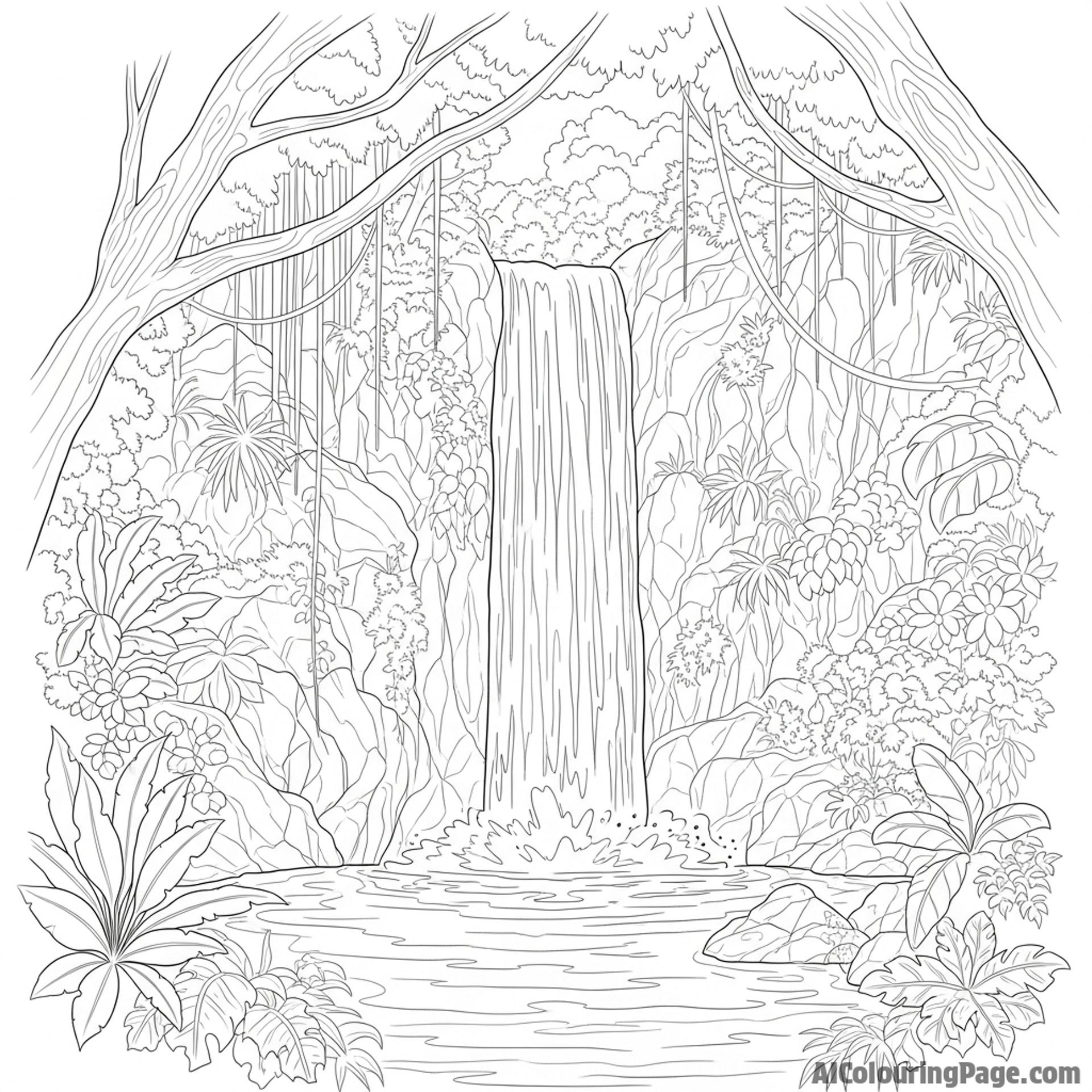 A hidden waterfall cascading into a serene pool deep within the rainforest.