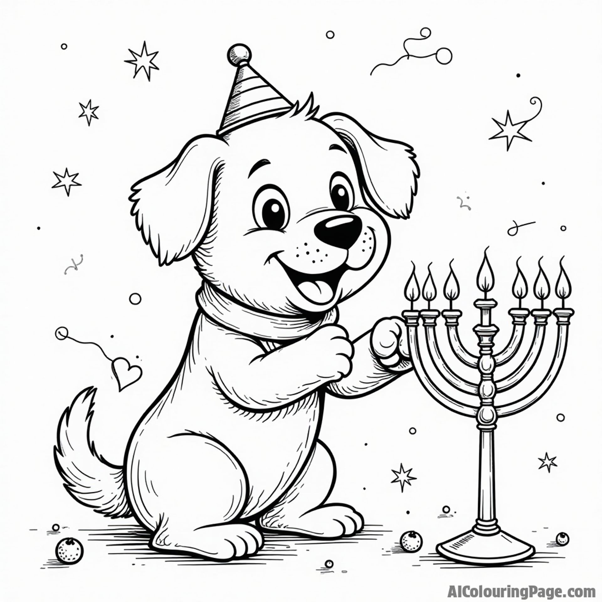 A playful dog wearing a dreidel costume, playing with a menorah and festive decorations, creating a humorous and fun Hanukkah scene for children to bring to life with colors.