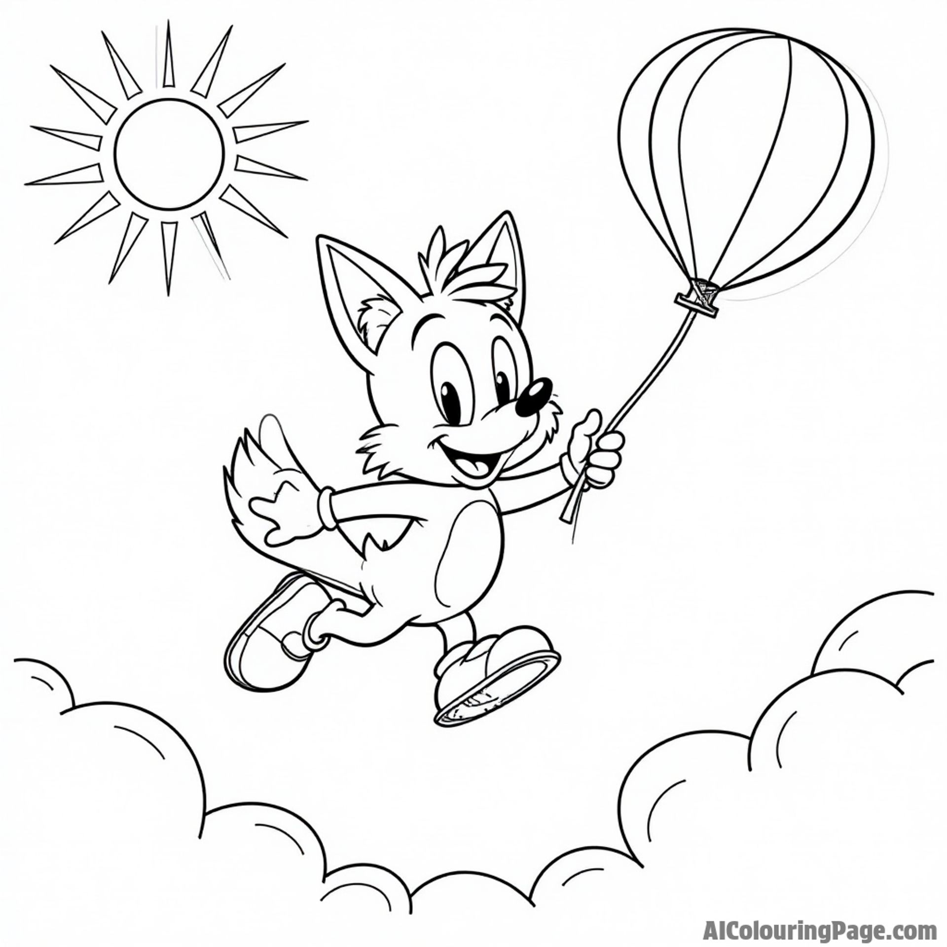 Tails flying high above the clouds, carrying a colorful balloon with a cheerful sun shining in the background.