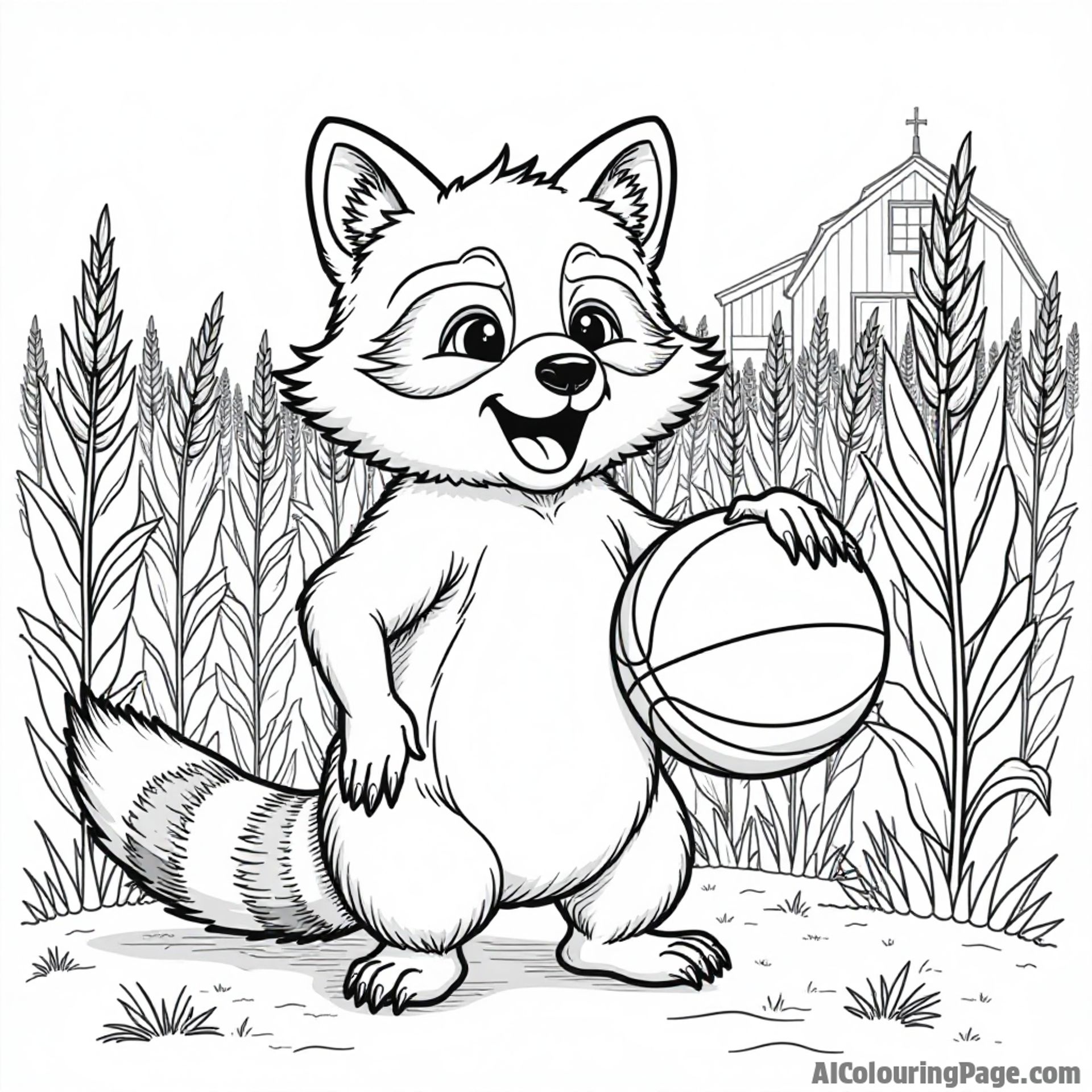 A playful raccoon holding a basketball by an Indiana barn, surrounded by cornfields, representing Indiana sports culture, coloring page.