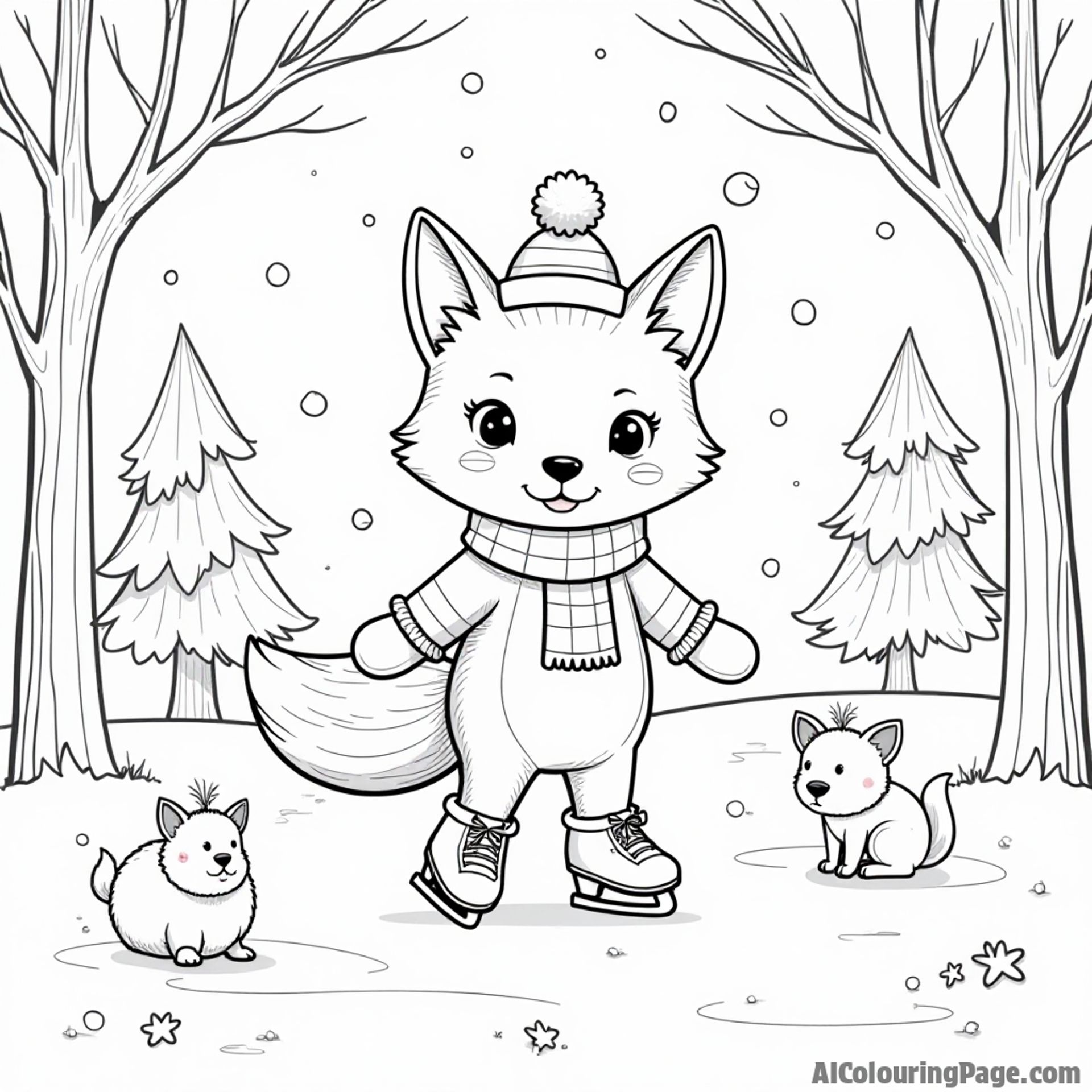 A cute fox ice skating in a snowy forest, wearing a little hat and mittens, with trees and tiny animals watching, offering a whimsical scene for kids to bring to life.