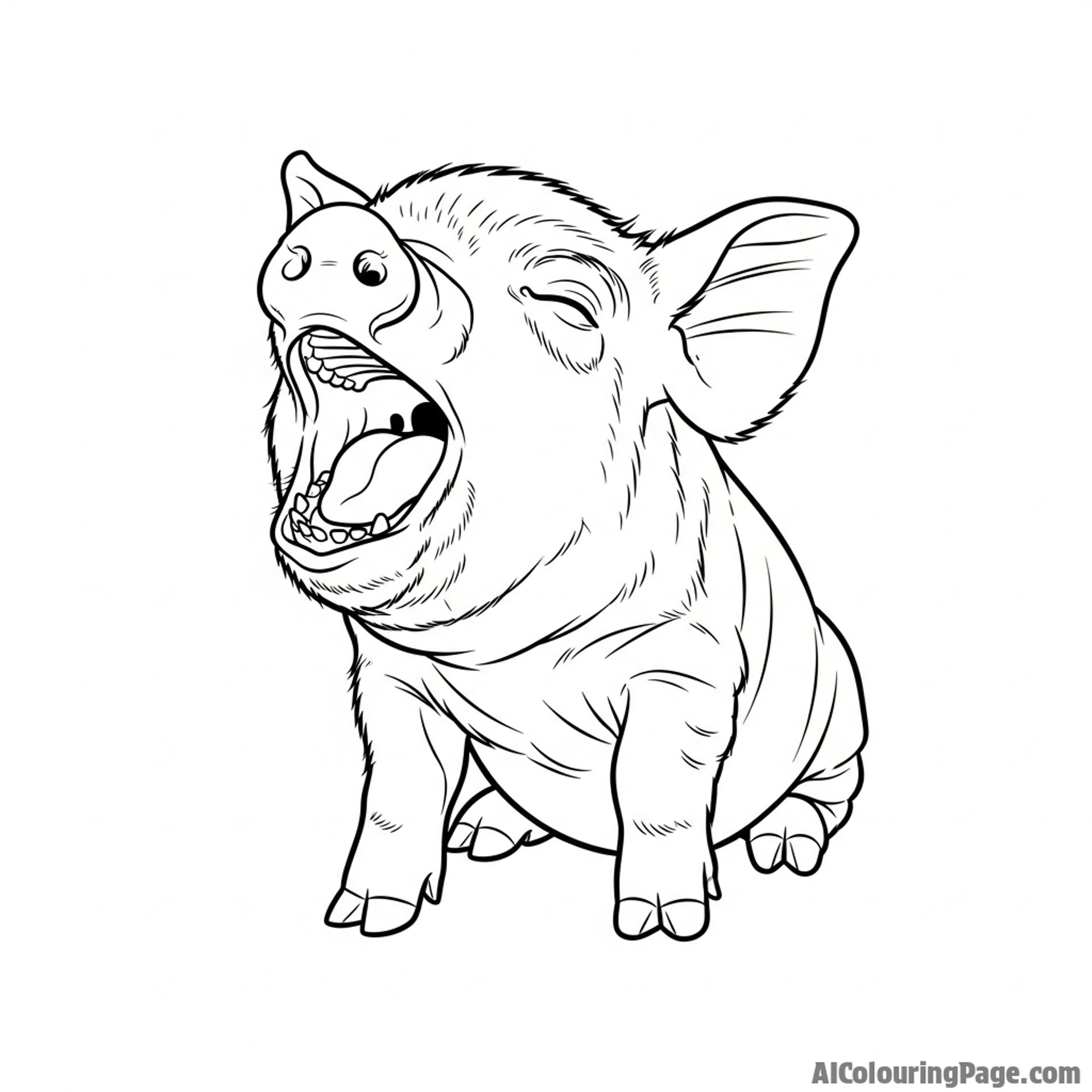 A piglet yawning widely, showcasing its tiny teeth.