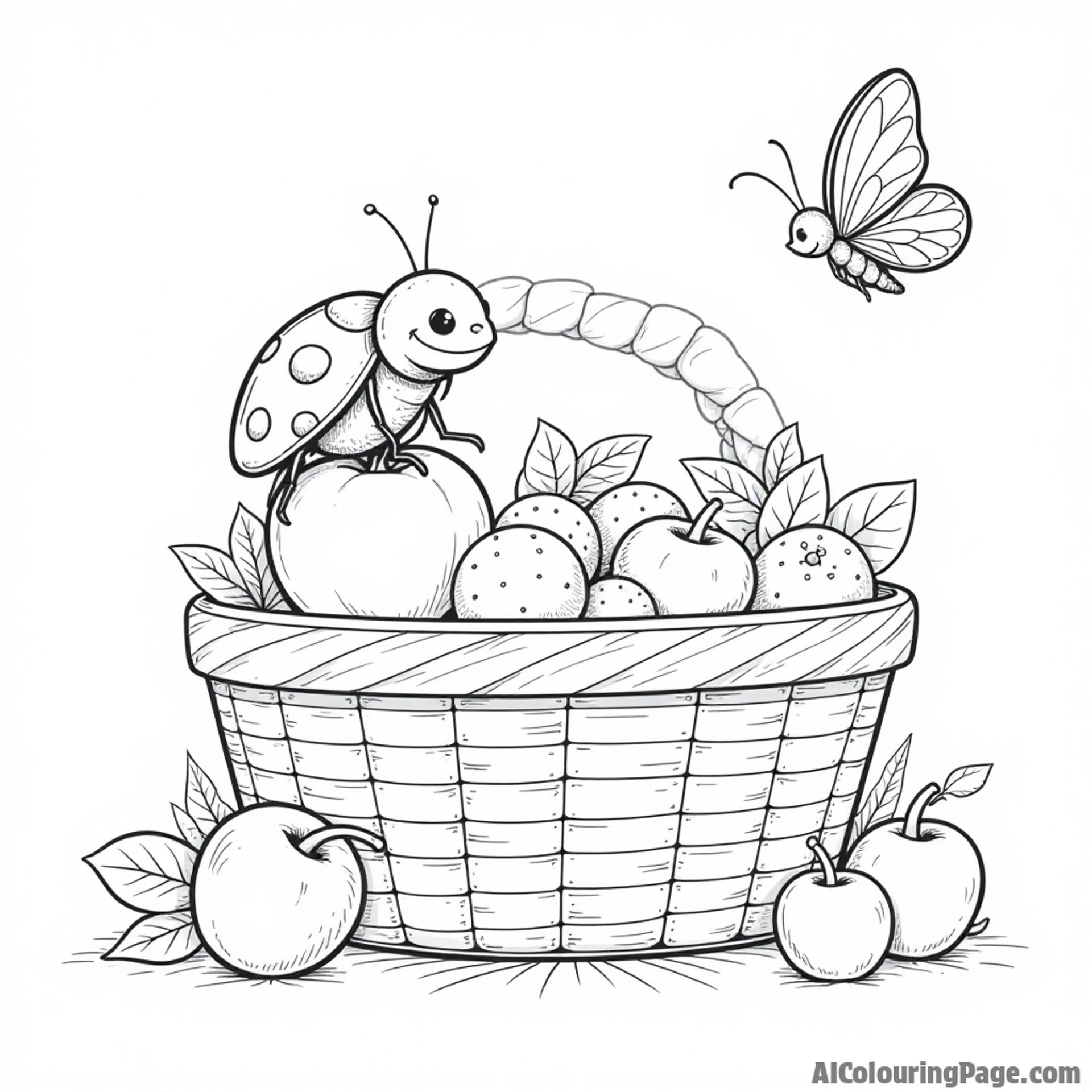 A ladybug resting on a picnic basket filled with fruits and sandwiches, while a butterfly hovers nearby.