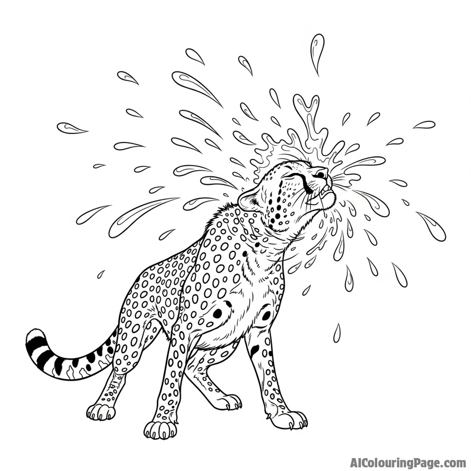 A cheetah shaking its head, sending a spray of water droplets flying after a drink.