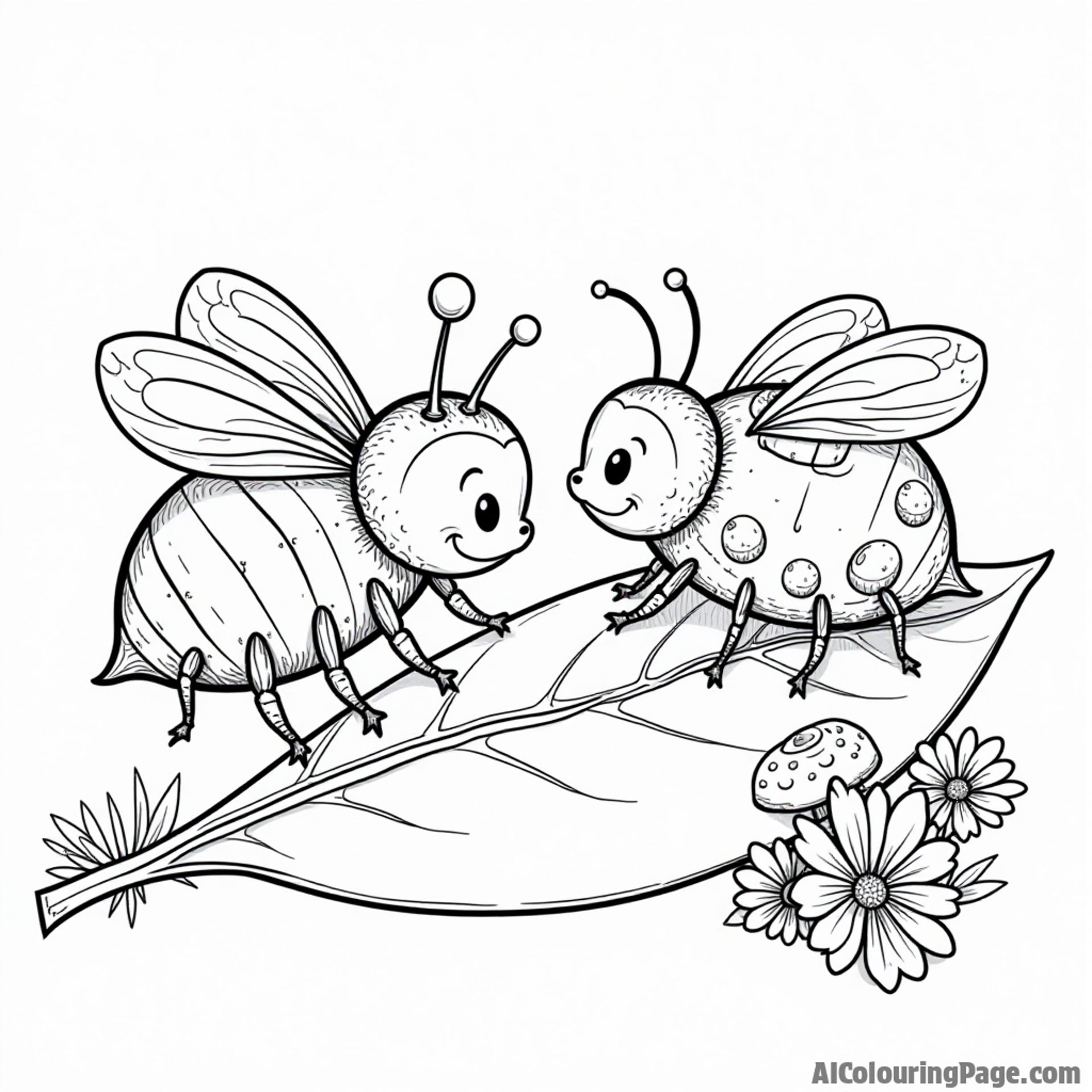 A bee and a ladybug sharing a picnic on a leaf, with a small mushroom and daisies nearby for decoration.