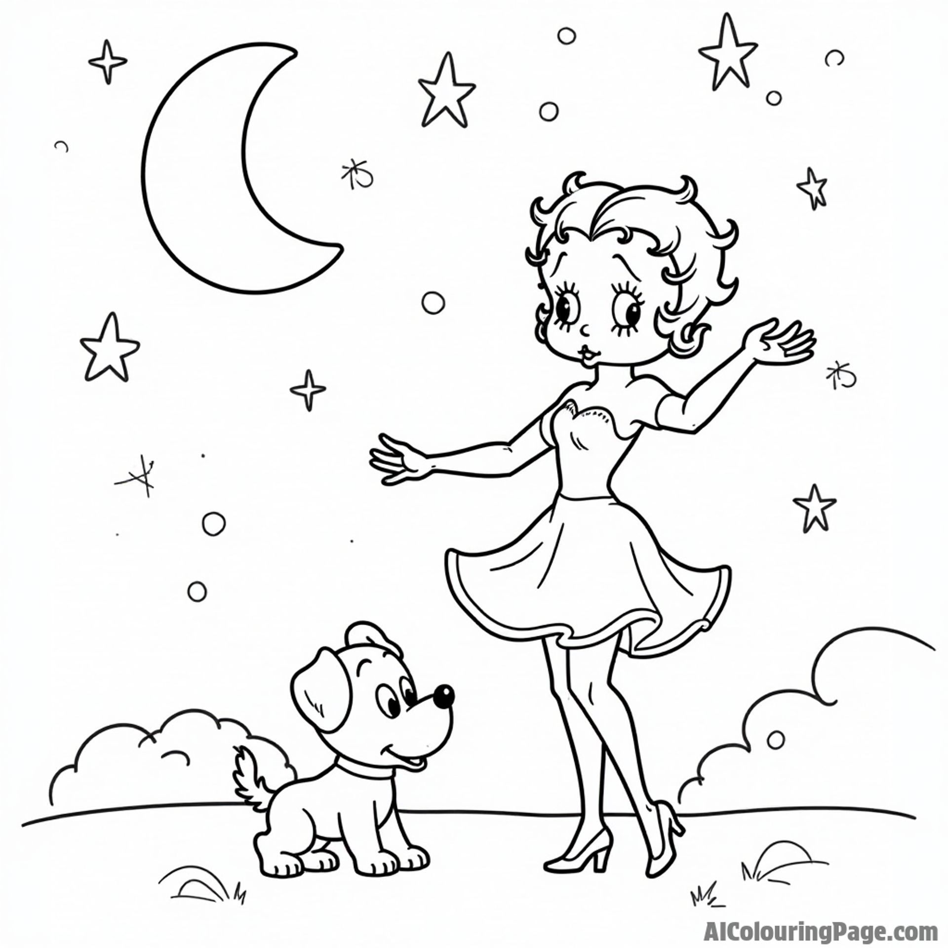 Betty Boop dancing with a playful puppy under sparkling stars and a crescent moon in a whimsical night sky scene
