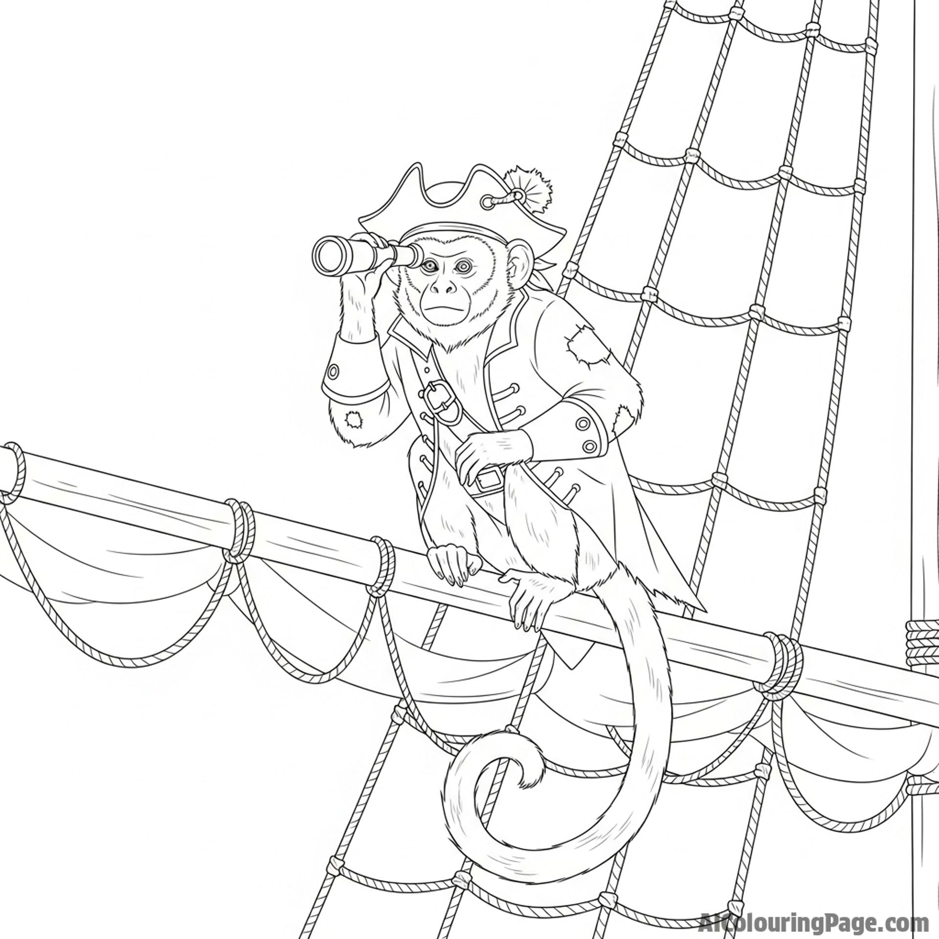 A capuchin monkey as a pirate captain on a ship's rigging.