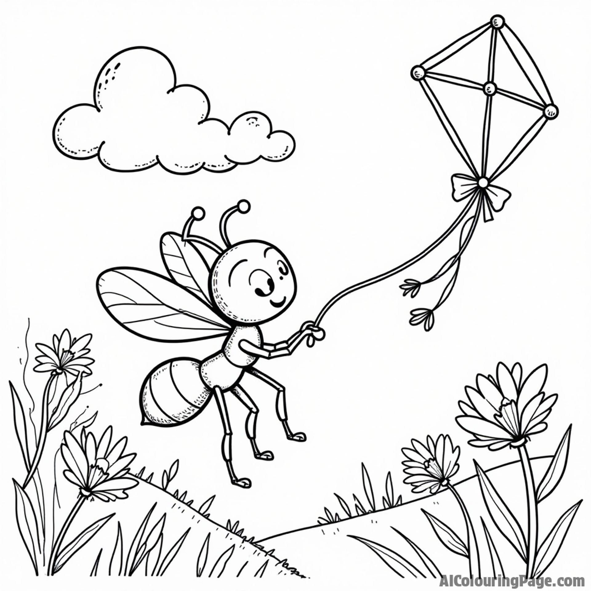 A whimsical ant flying a kite on a breezy day with clouds and flowers, inviting joyful coloring experiences.