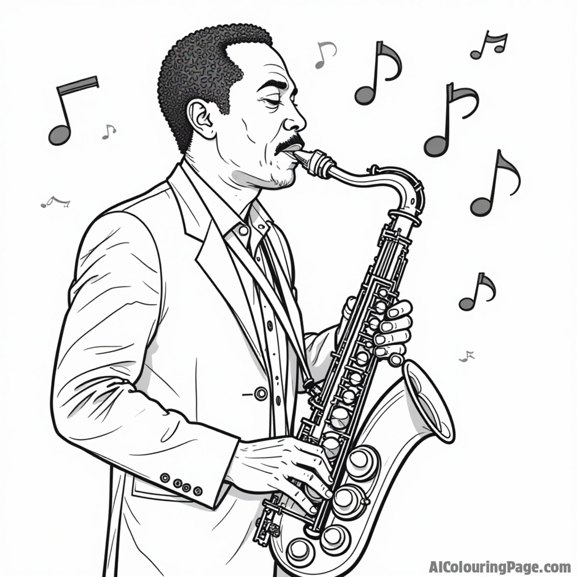 A famous black musician playing the saxophone on stage, with musical notes floating around, capturing the essence of jazz and creativity, designed for children to enjoy coloring in black and white.