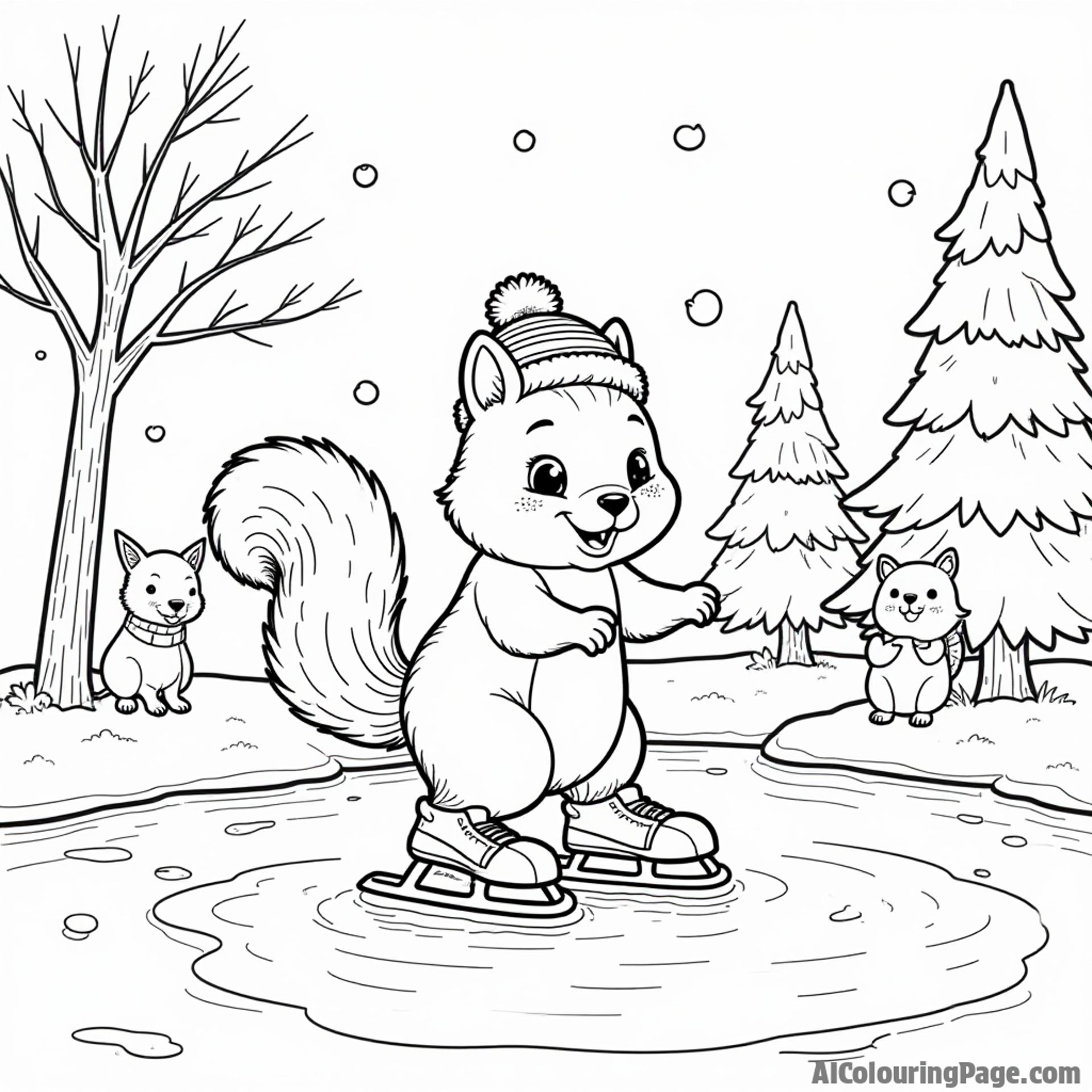 A cute squirrel ice skating on a frozen pond, wearing a tiny hat, with snow-covered trees and playful winter animals watching, making a delightful scene for children to color and enjoy.