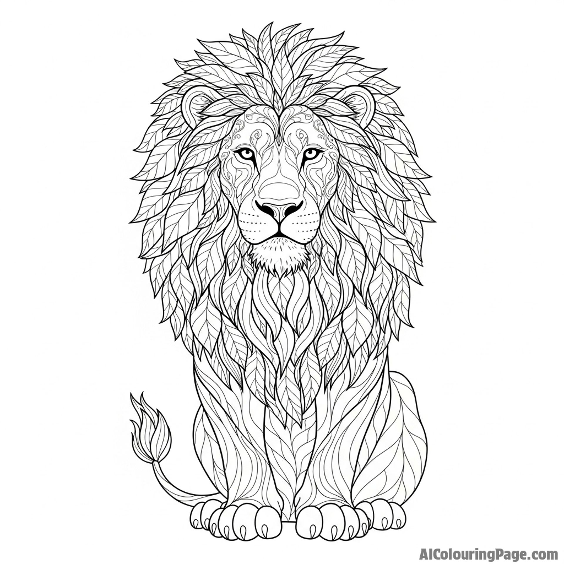 A regal lion with a mane that appears to be made of dry, swirling leaves.