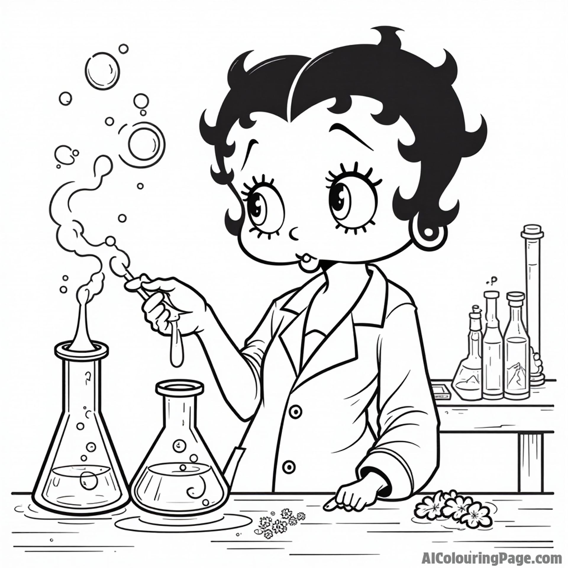 Betty Boop at a science lab with colorful experiments bubbling in beakers and a curious look on her face