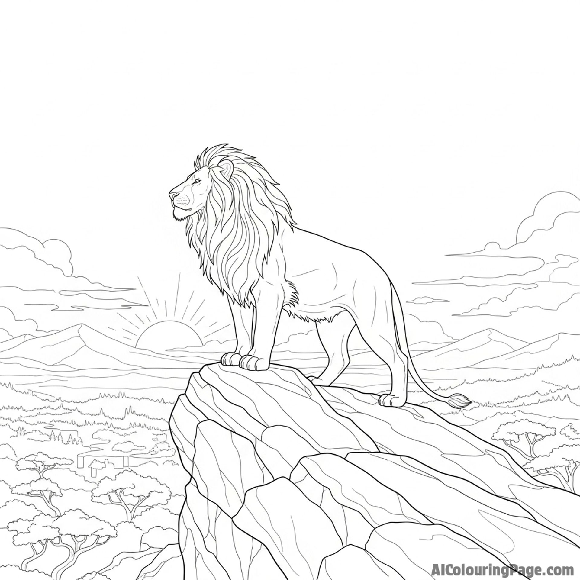 A majestic lion surveying its kingdom from a rocky outcrop at dawn