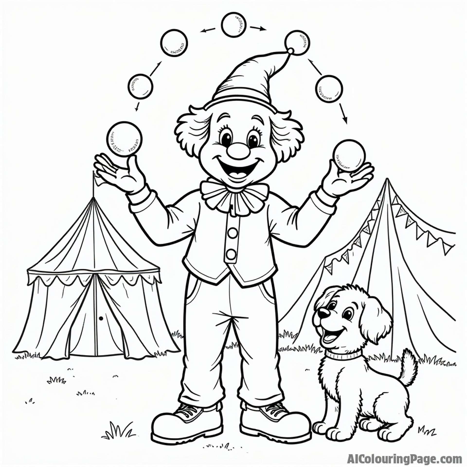 A lively clown juggling colorful balls, a playful puppy at his feet, and a festive tent in the background, ideal for a fun-filled Festivals and Traditions Coloring Sheet.