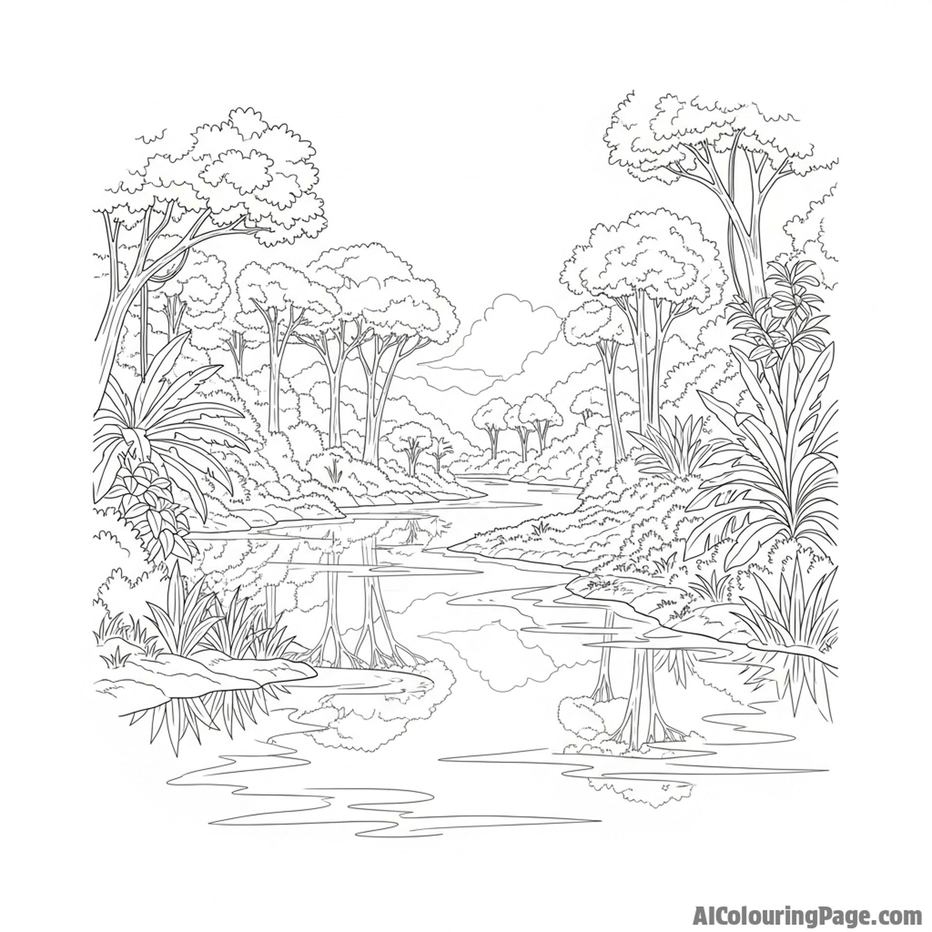 A wide river snaking through the rainforest, reflecting the sky above.
