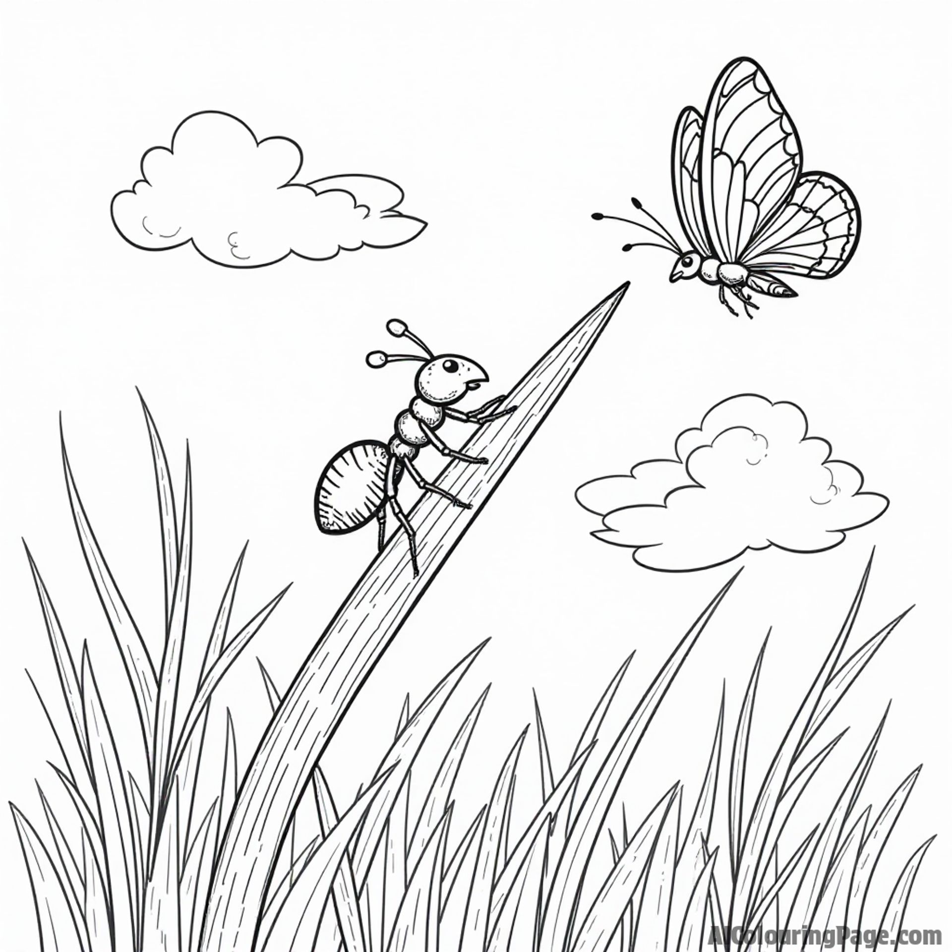 An adventurous ant climbing a tall grass blade with a butterfly fluttering nearby, creating a lively scene for kids.