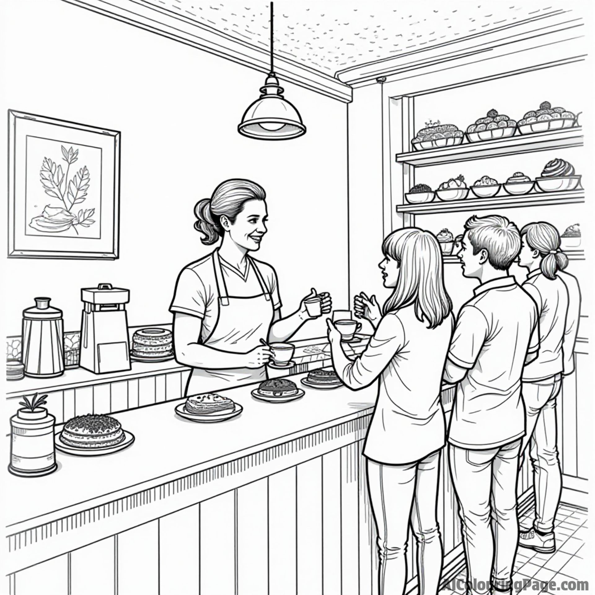 A cozy chocolate café with a barista serving hot chocolate and pastries to excited customers at the counter.