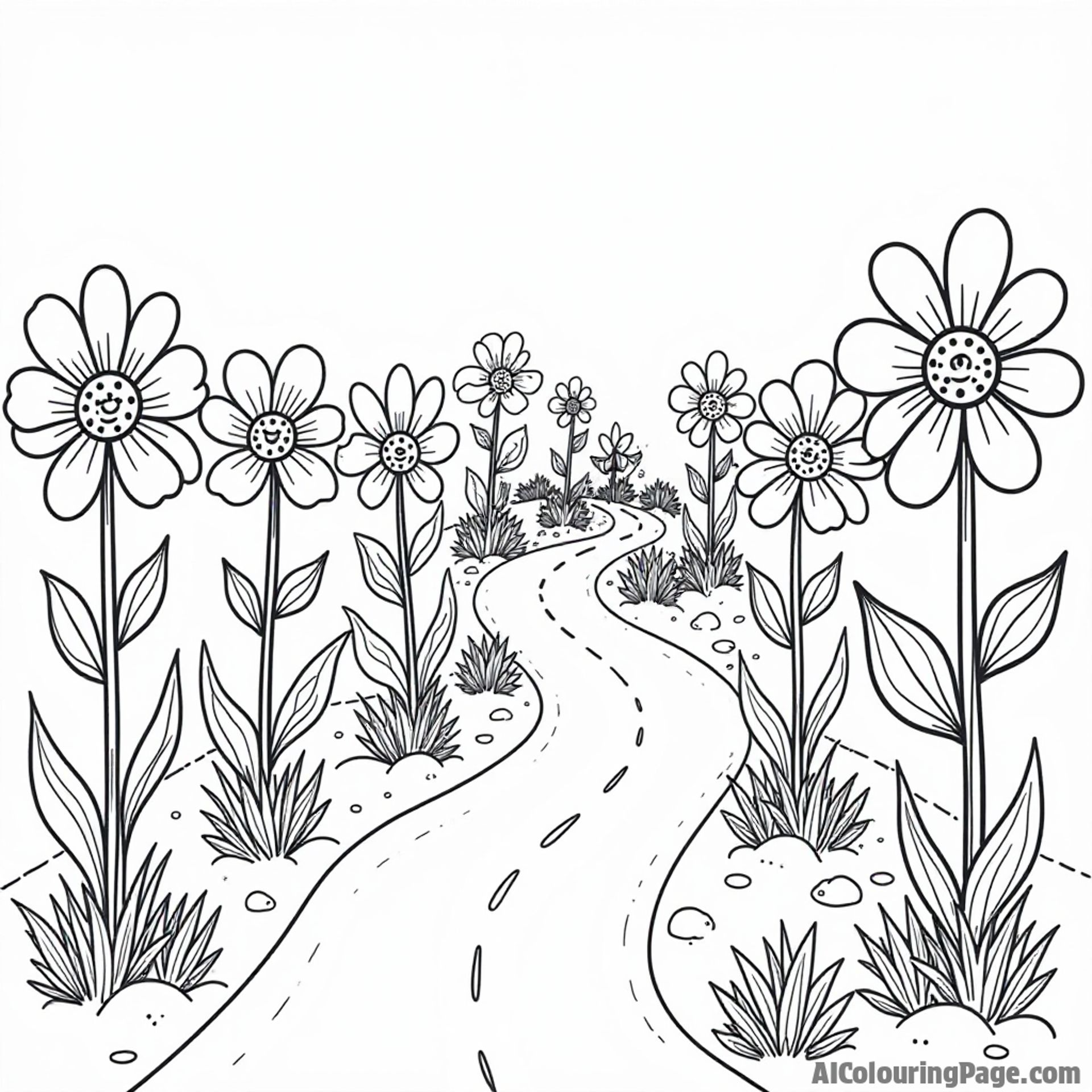 A whimsical race car themed garden with flowers shaped like cars and a winding pathway, encouraging children to explore their imagination while coloring.