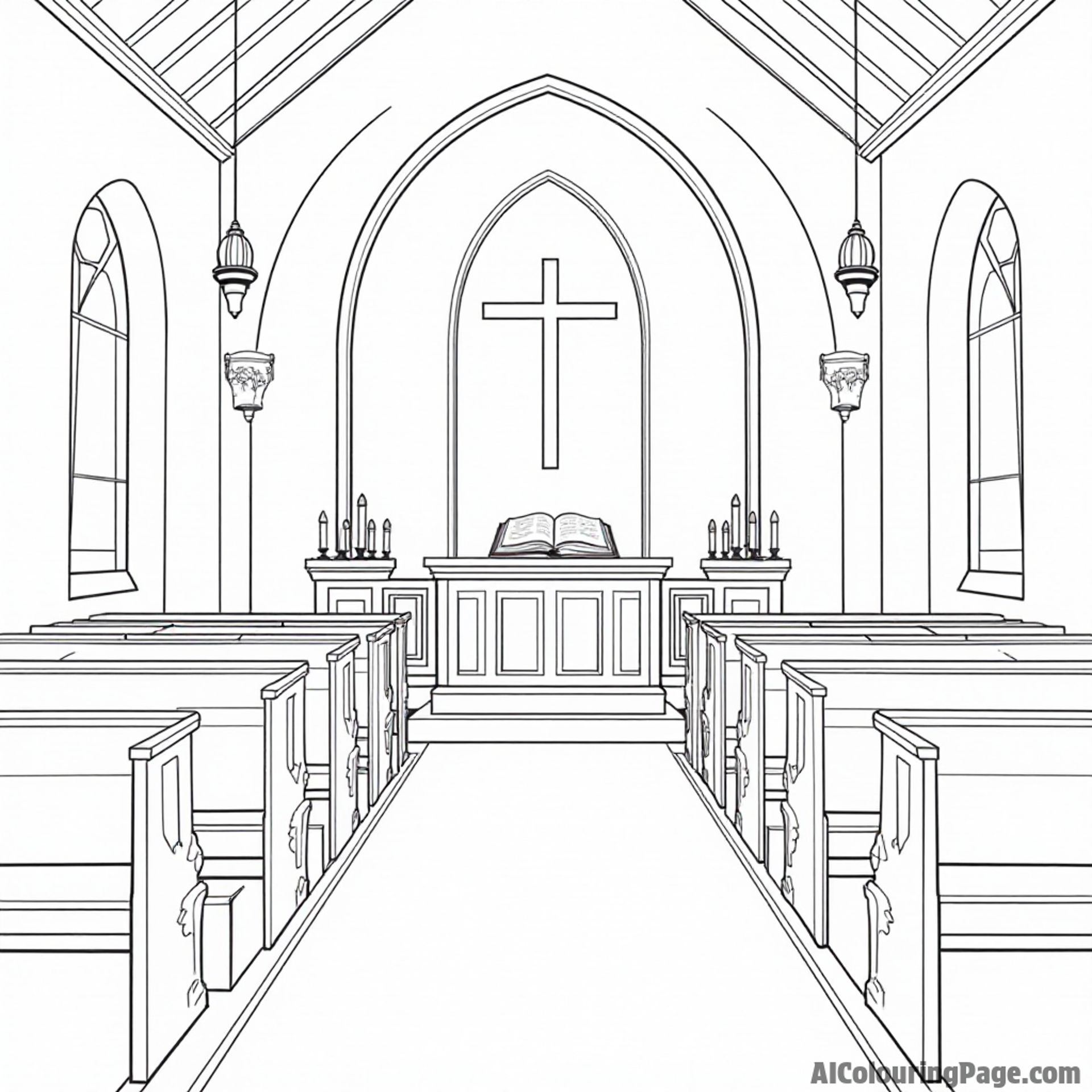 A cozy church interior with wooden pews, an open Bible on a lectern, and candles softly illuminating the space.