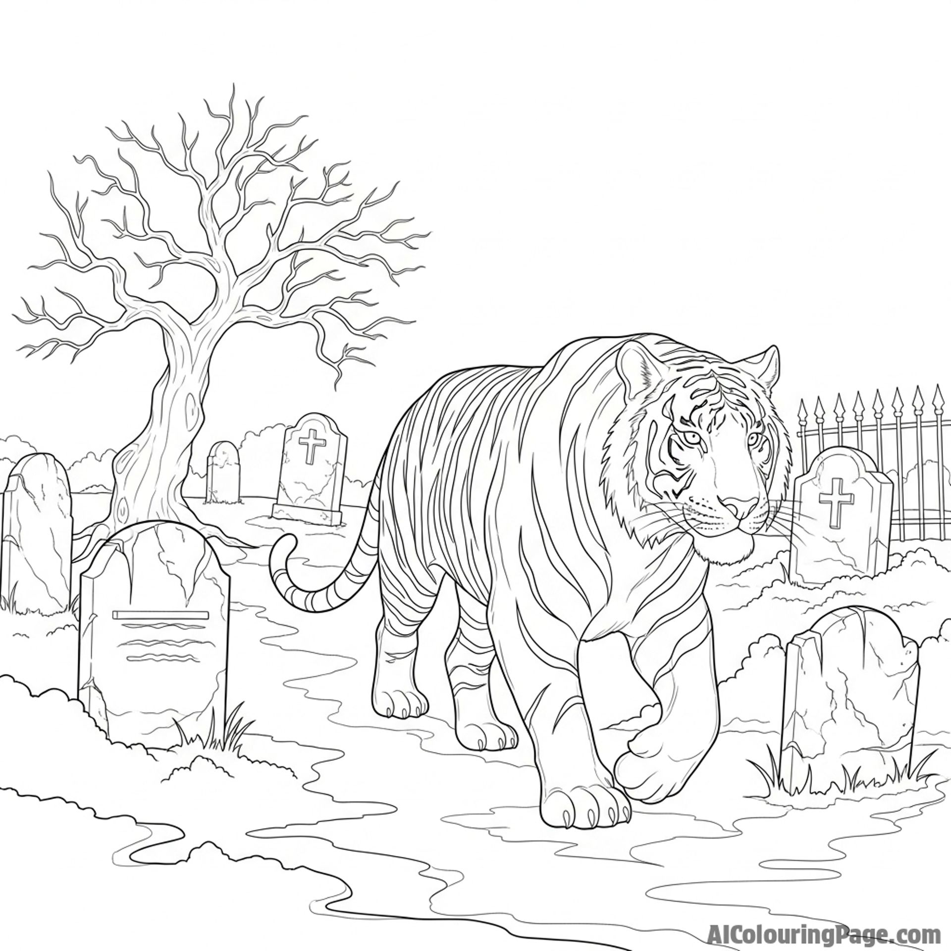 A spectral, translucent tiger prowling through a foggy graveyard.