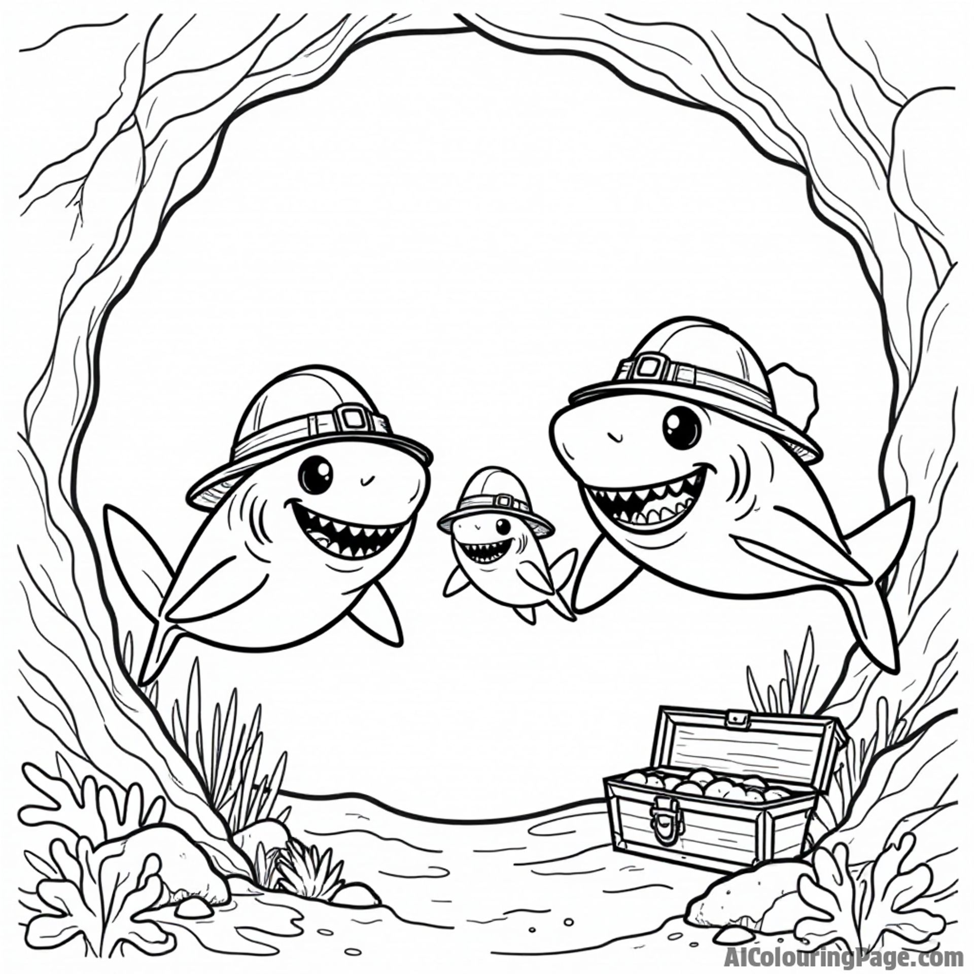 A group of friendly sharks wearing explorer hats, swimming through a treasure-filled underwater cave, encouraging kids to color this thrilling adventure in the ocean depths.