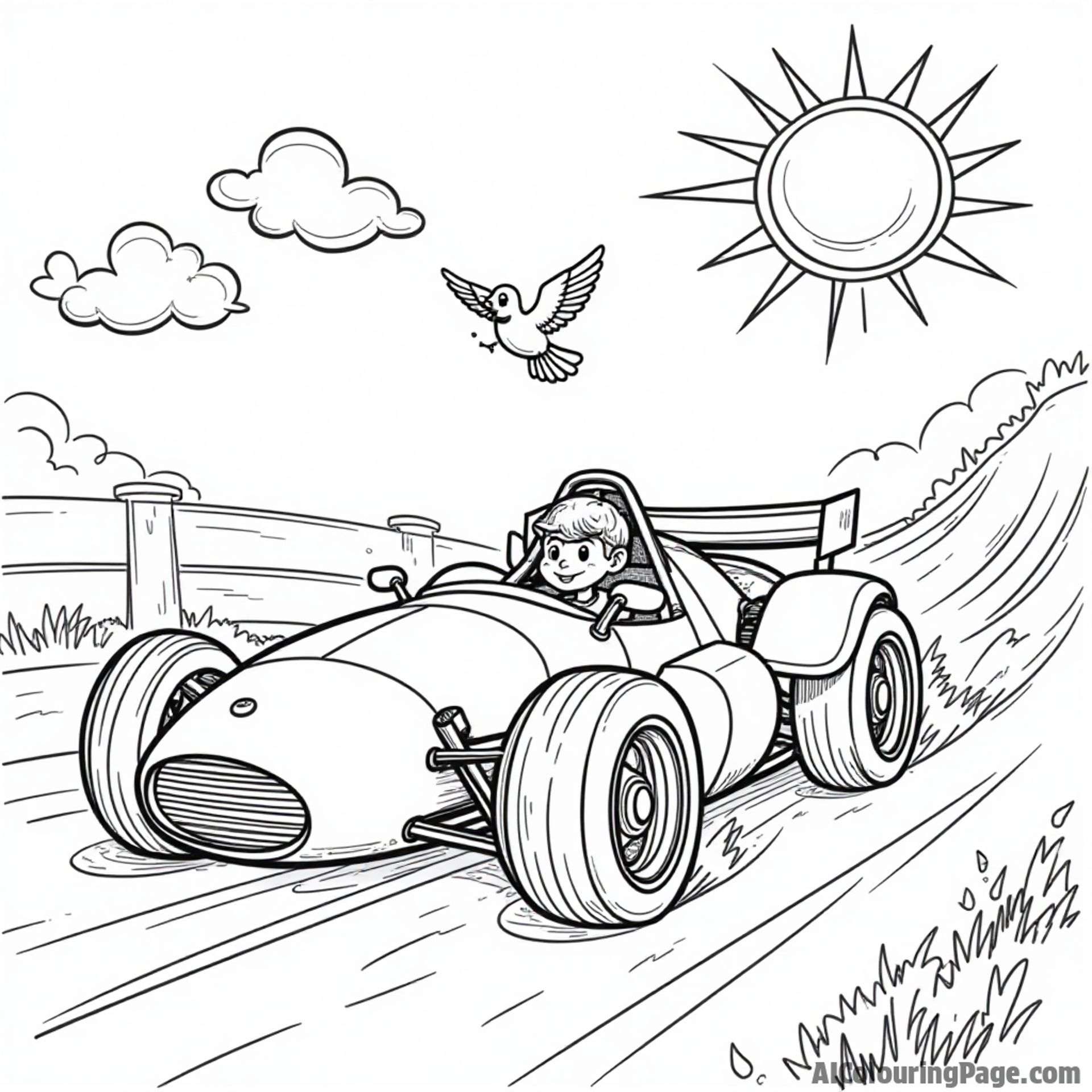 A race car speeding under a bright sun with fluffy clouds, and playful birds flying alongside, creating a fun outdoor atmosphere for children to enjoy coloring.