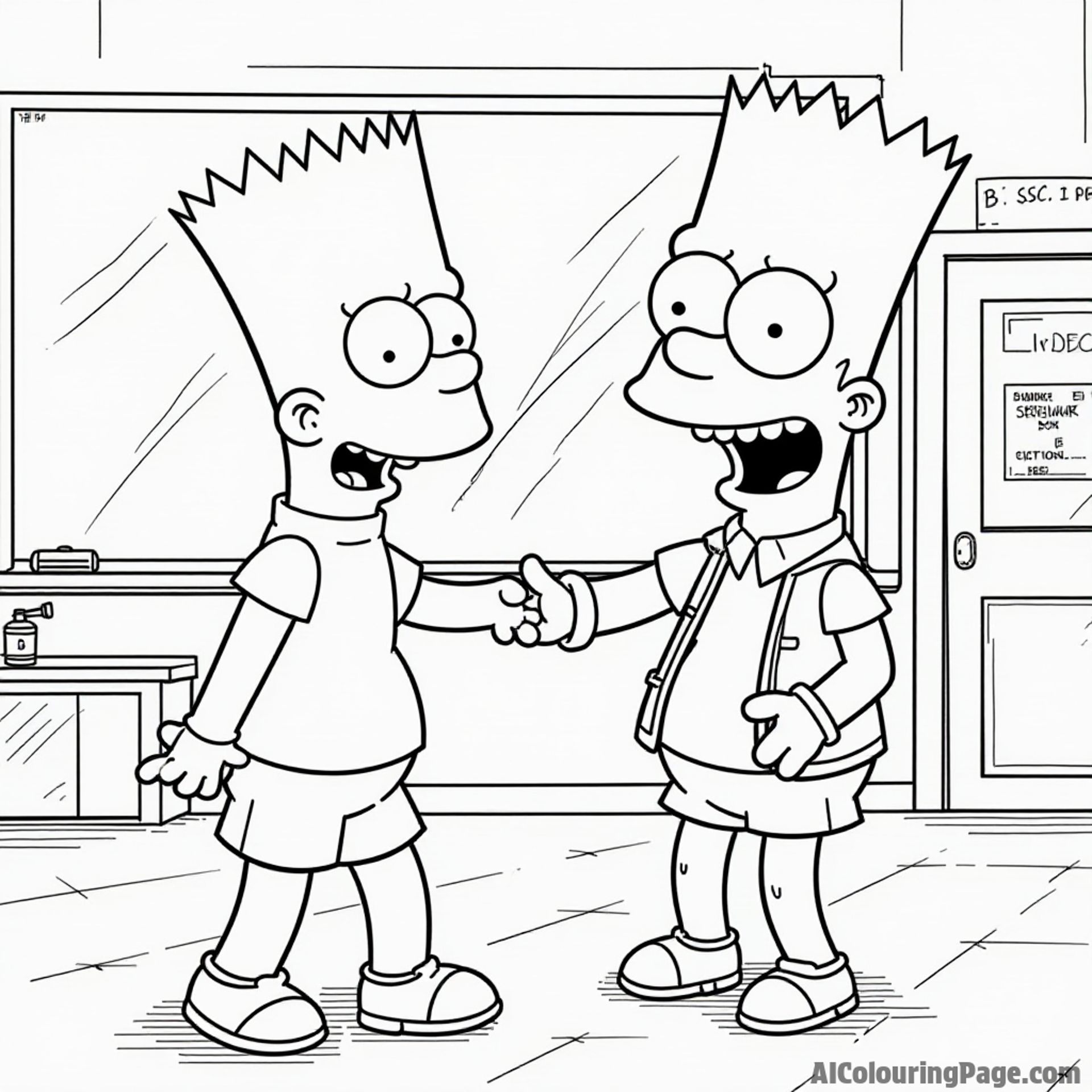 Bart Simpson playing pranks on Principal Skinner at school, with a mischievous grin and playful energy in the air.