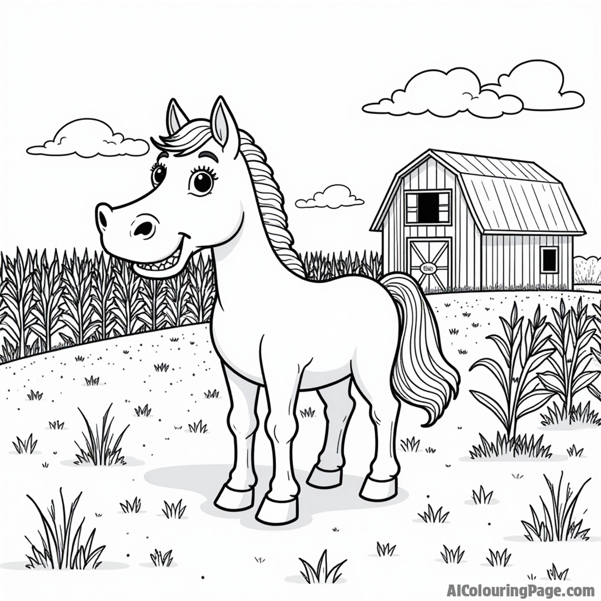 A whimsical farm scene in Delaware with a smiling horse, a red barn, and fields of corn ready for coloring.