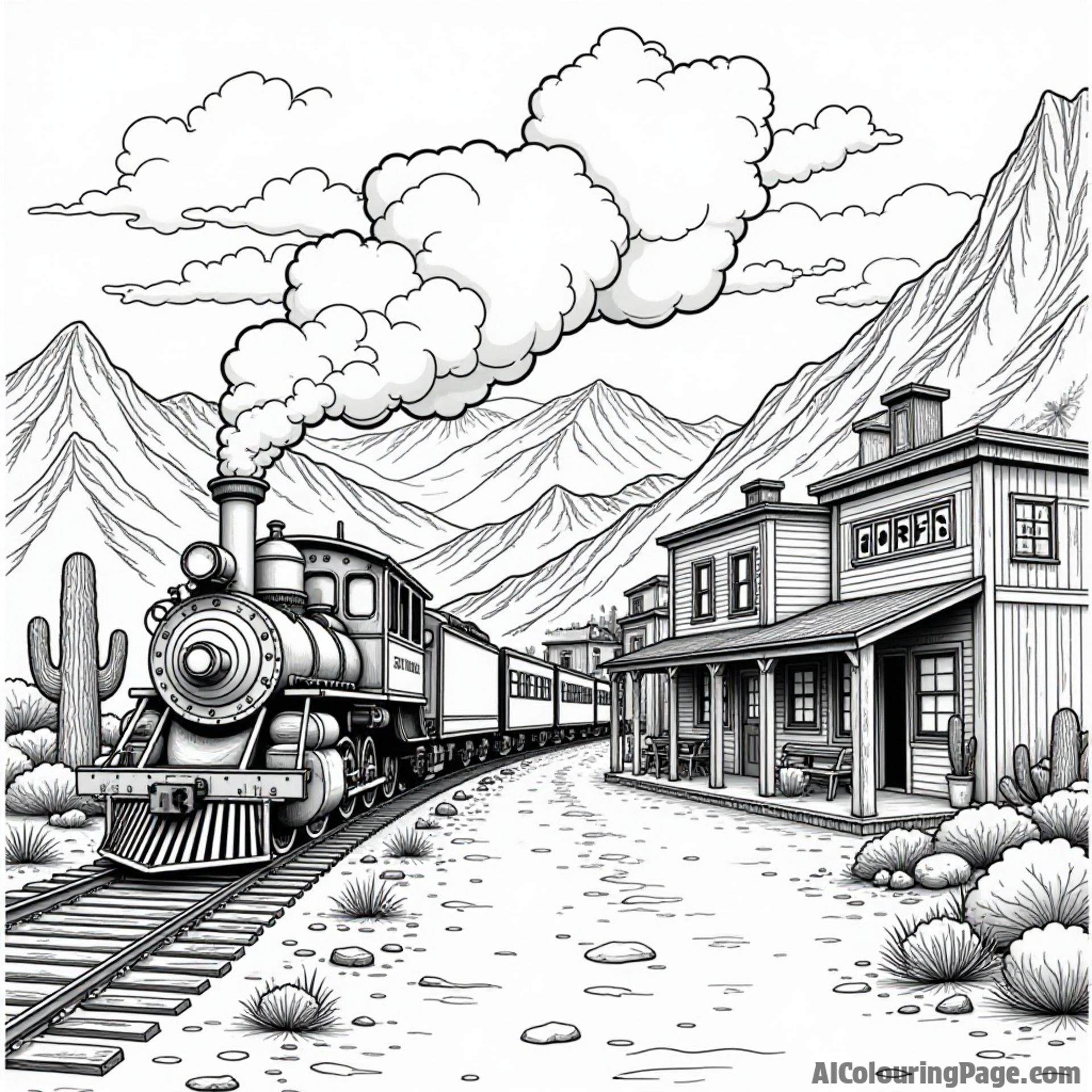 A historic mining town with an old steam train, wooden saloon, and mountains, evoking Nevada’s rich history, United States of America coloring pages
