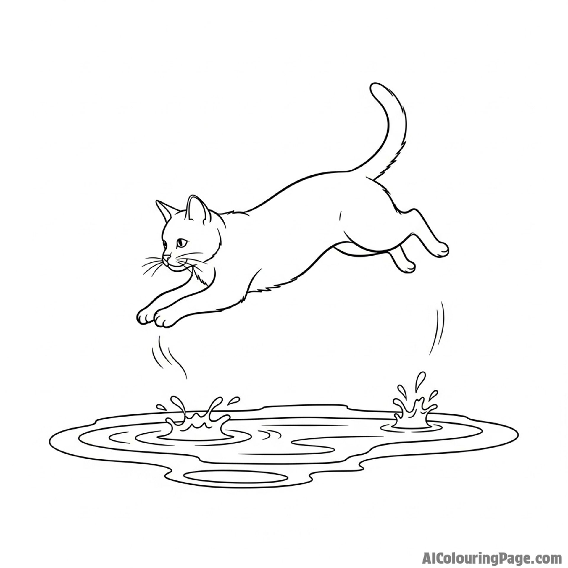 A cat jumping gracefully over a puddle.